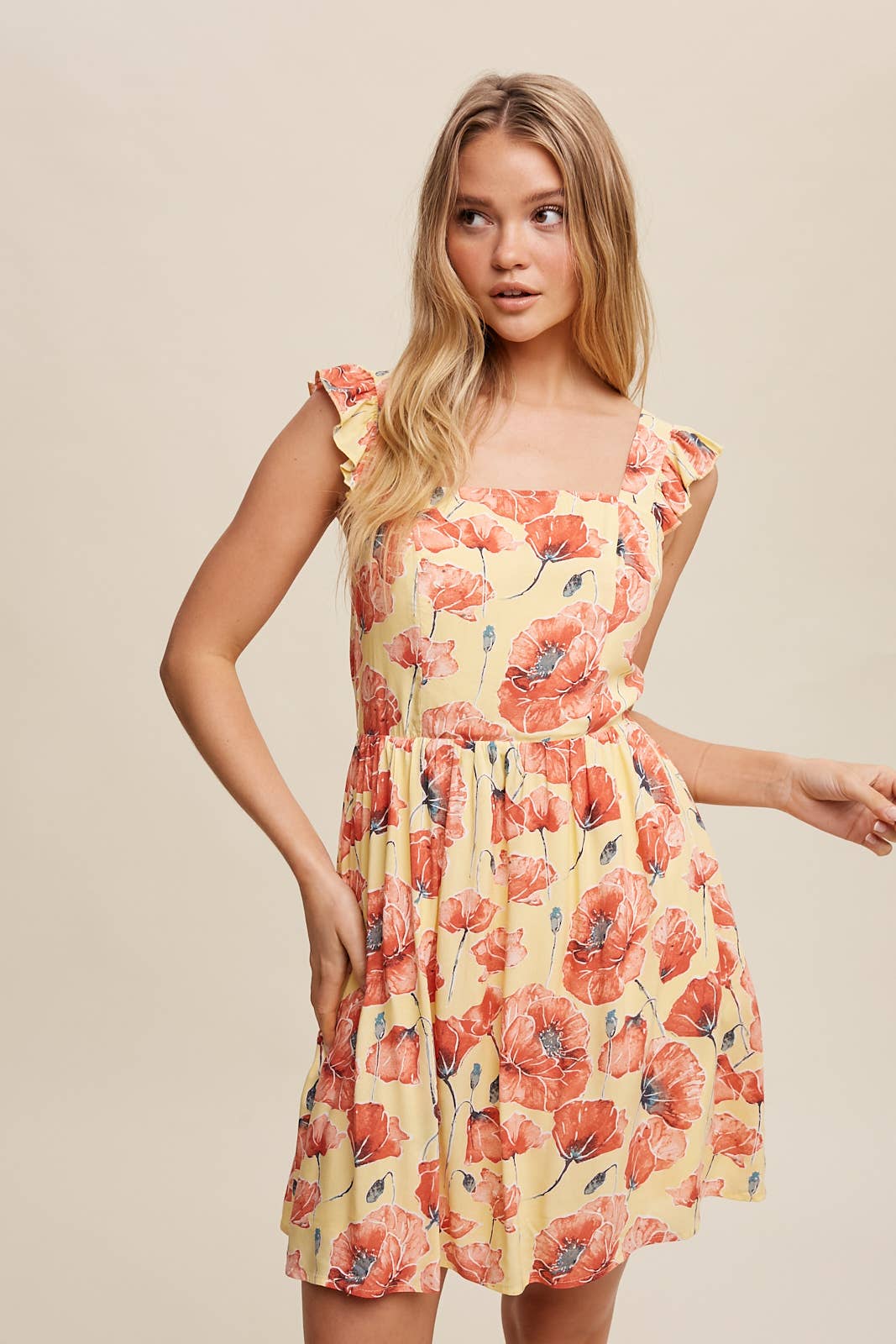 Poppy Floral Ruffle Strap Tie-Back Mini Dress