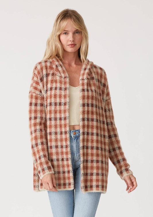 Fuzzy Plaid Long Sleeve Hooded Cardigan