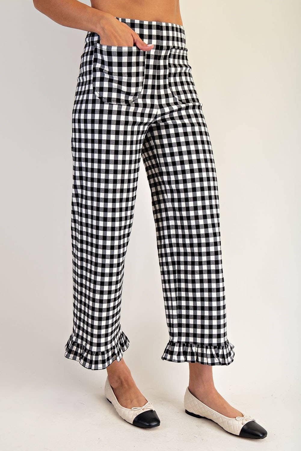 Ruffle Trim Straight Leg Gingham Print Pants