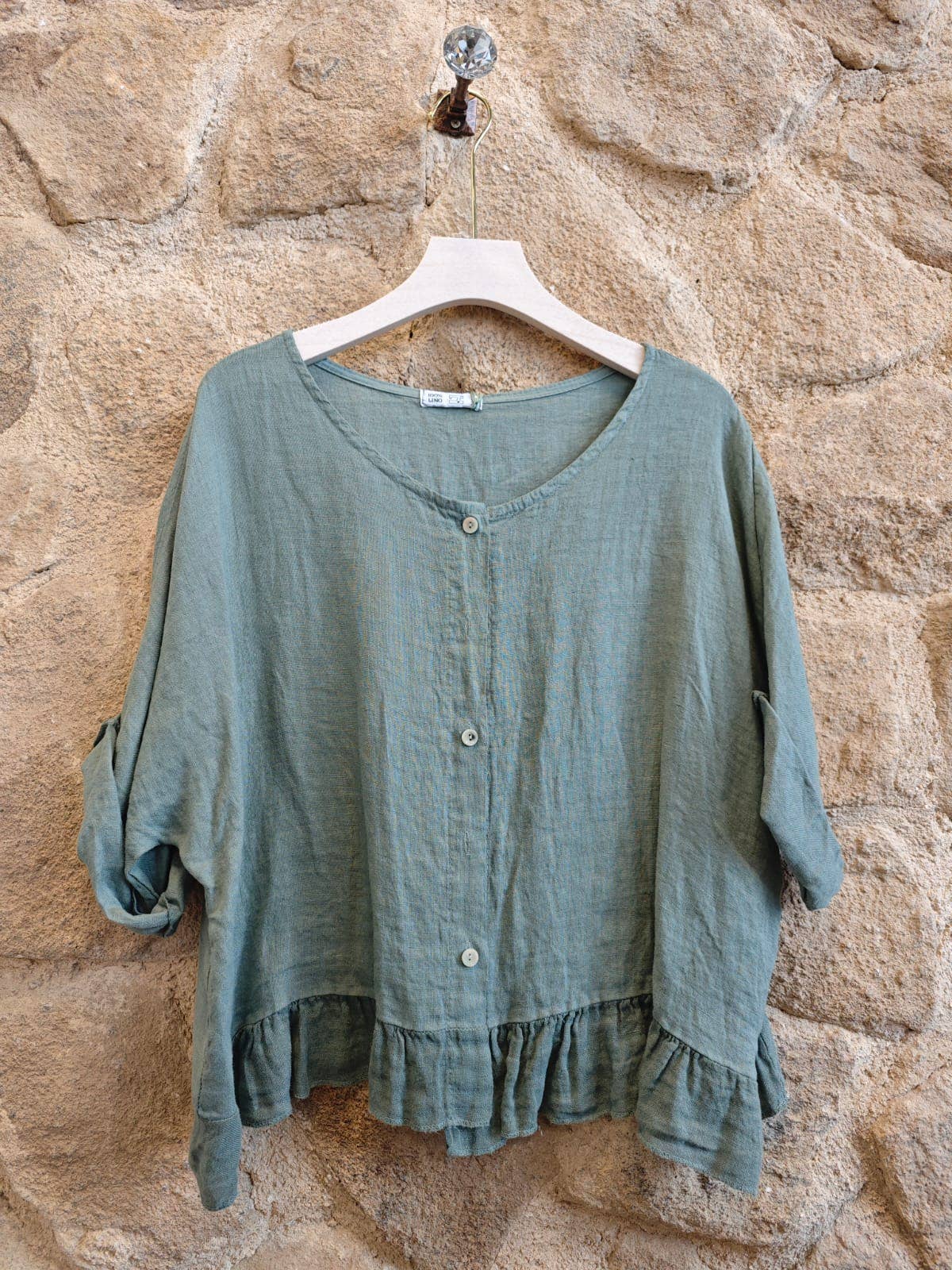 Ruffle 3/4 Sleeve Italian Linen Blouse