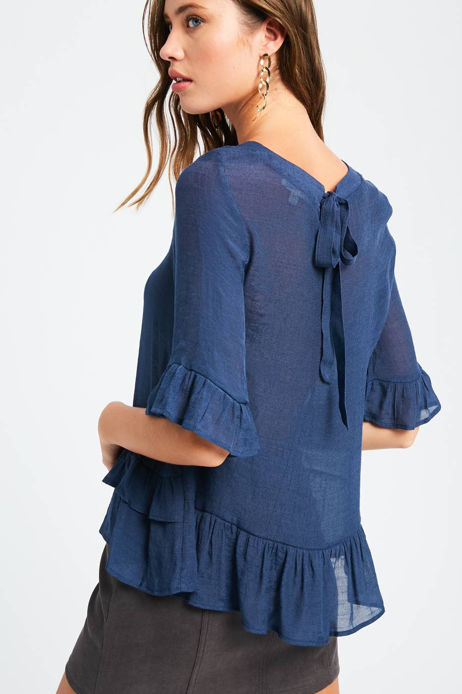 3/4 Sleeve Ruffle Hem Feminine Blouse