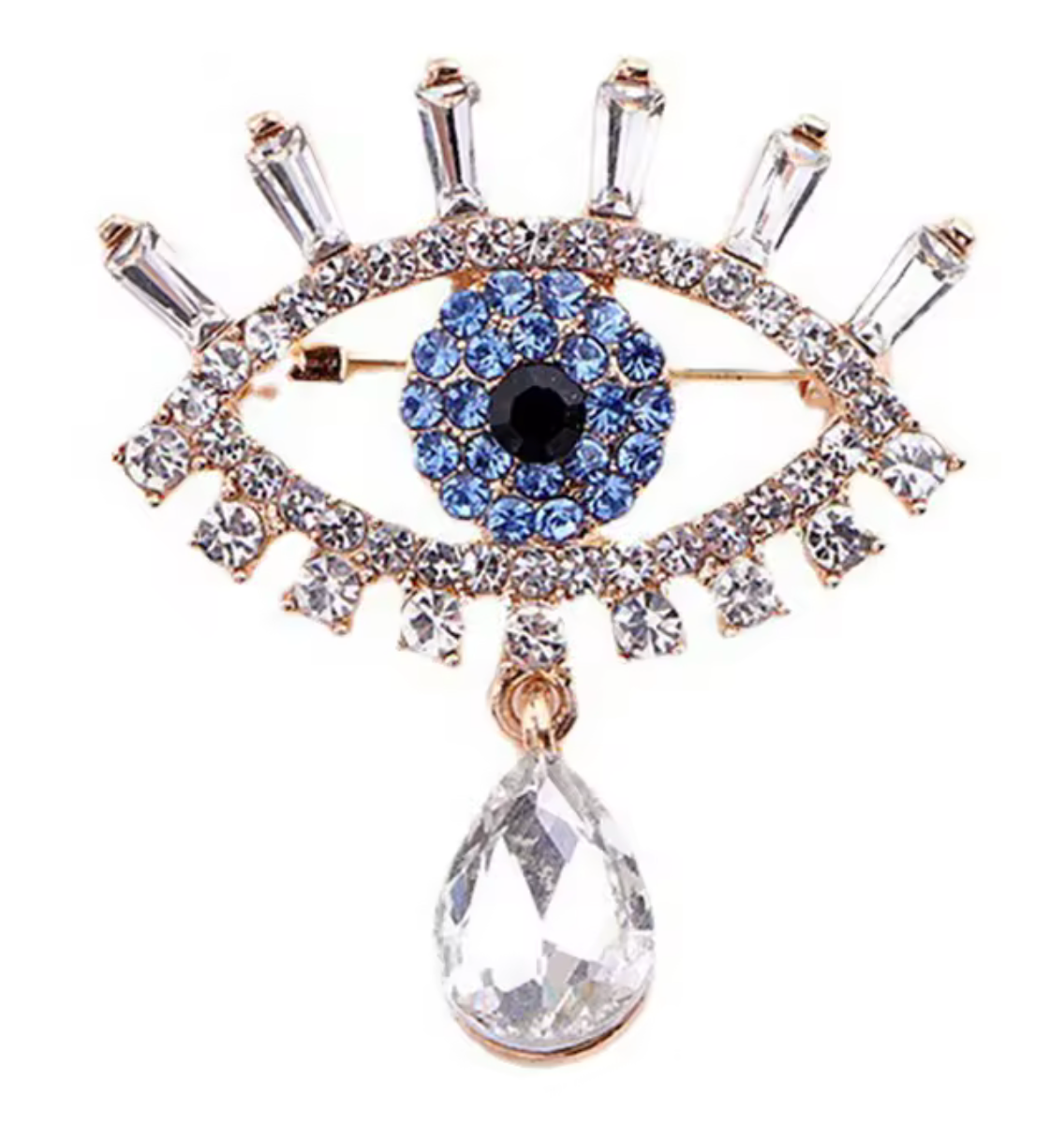 Wink- Evil Eye Brooch Pin- 14K Played Recycled Brass and Rhinestones