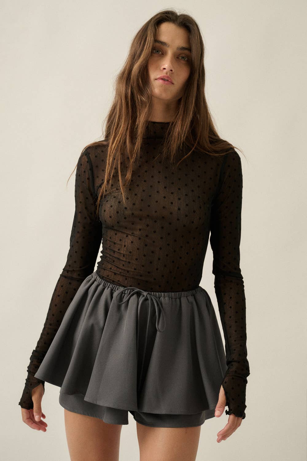 Sheer Mesh Top with Floral Polkadots, Mock-Neck, & Long-Sleeve