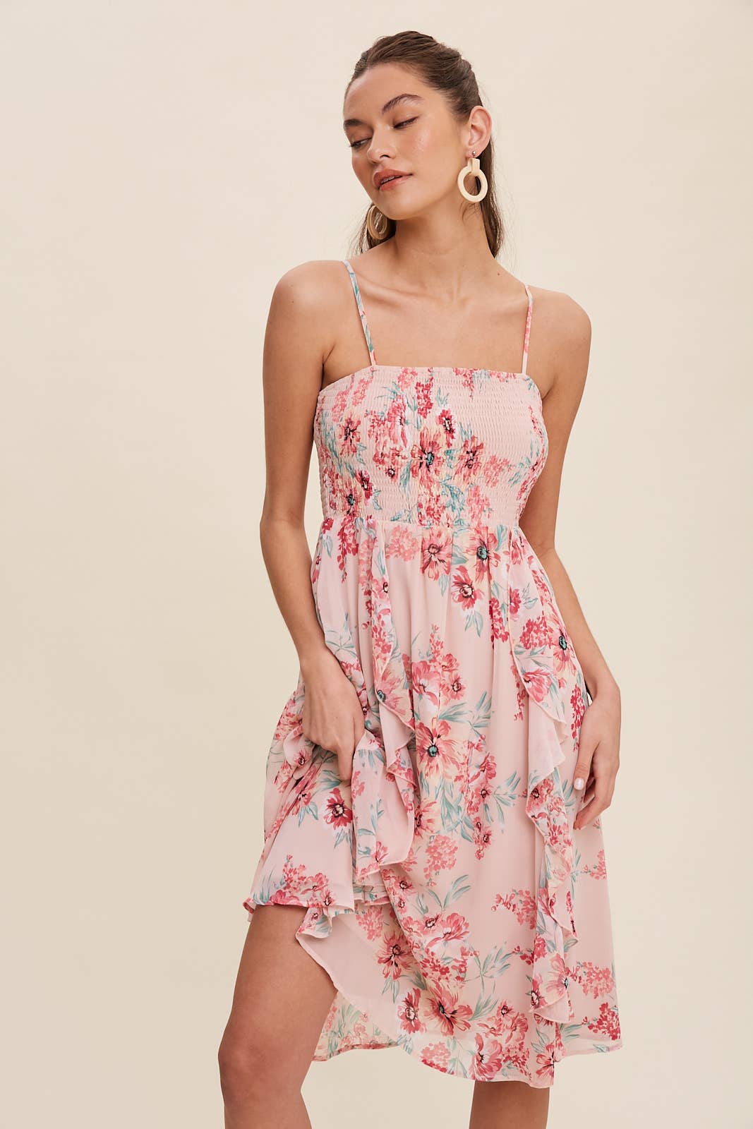 Pretty Pink Floral Chiffon Midi Dress