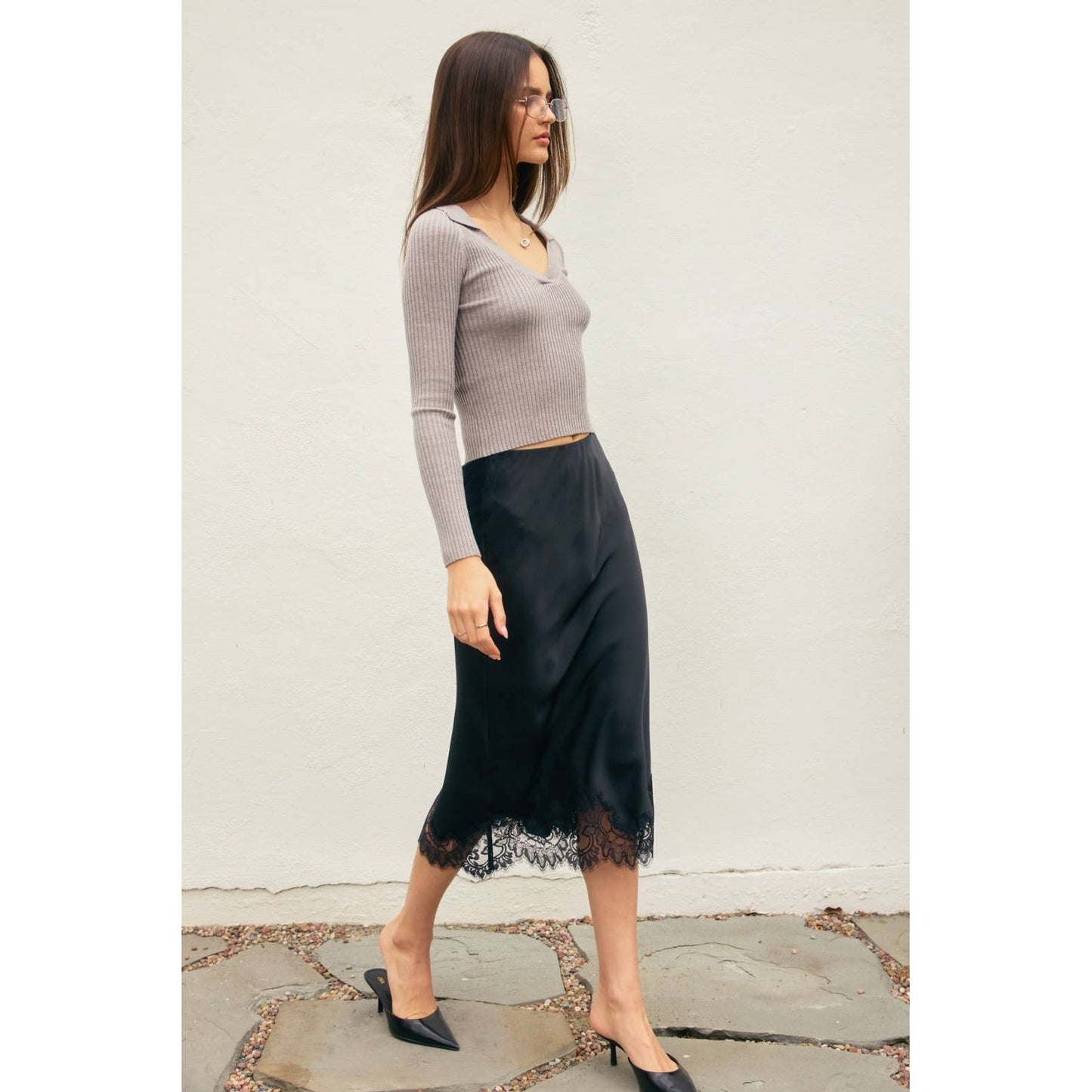 Powder Blue Lined Satin Pencil Skirt with Lace Hem