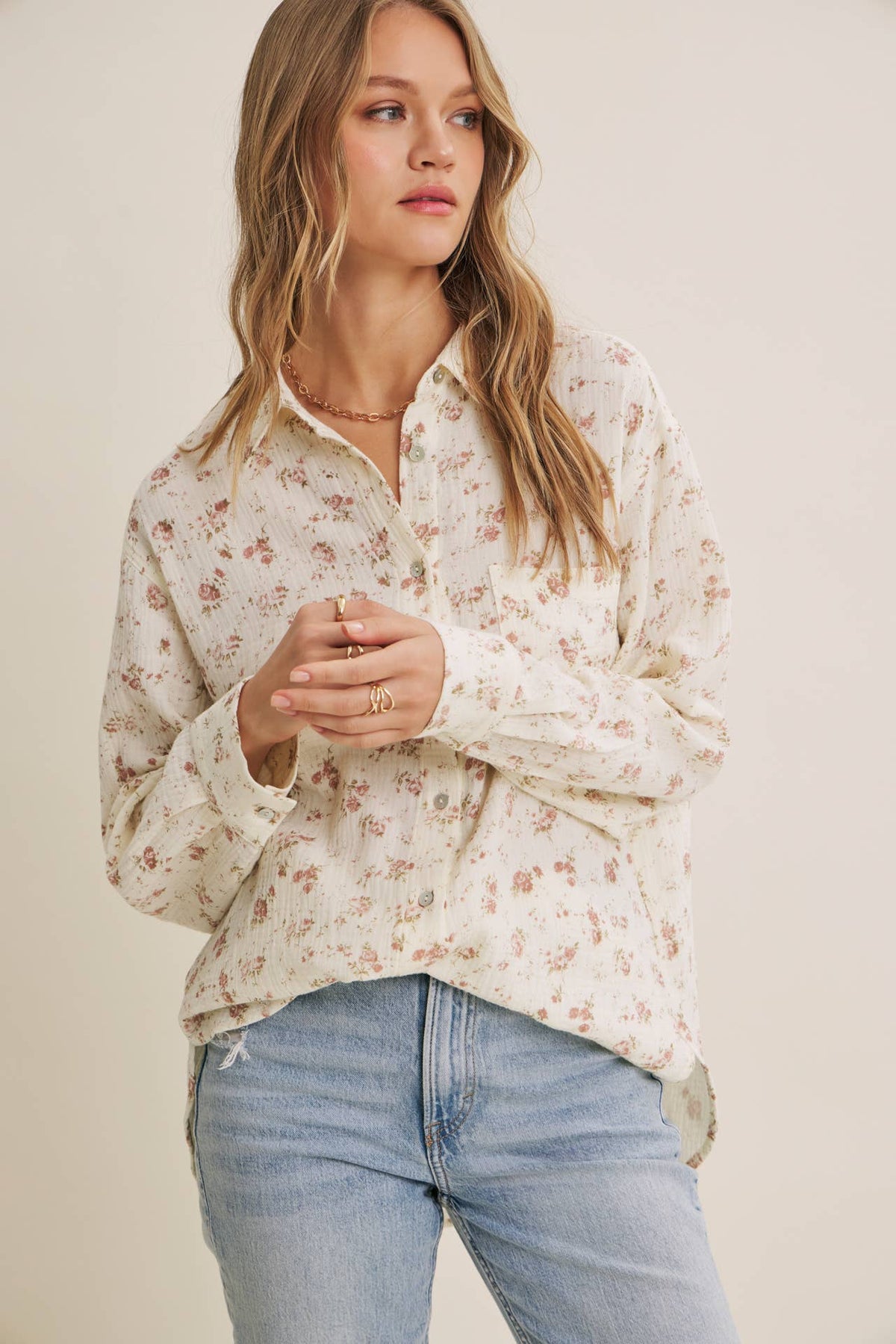 Soft Floral Cotton Relaxed Fit Button Down Shirt