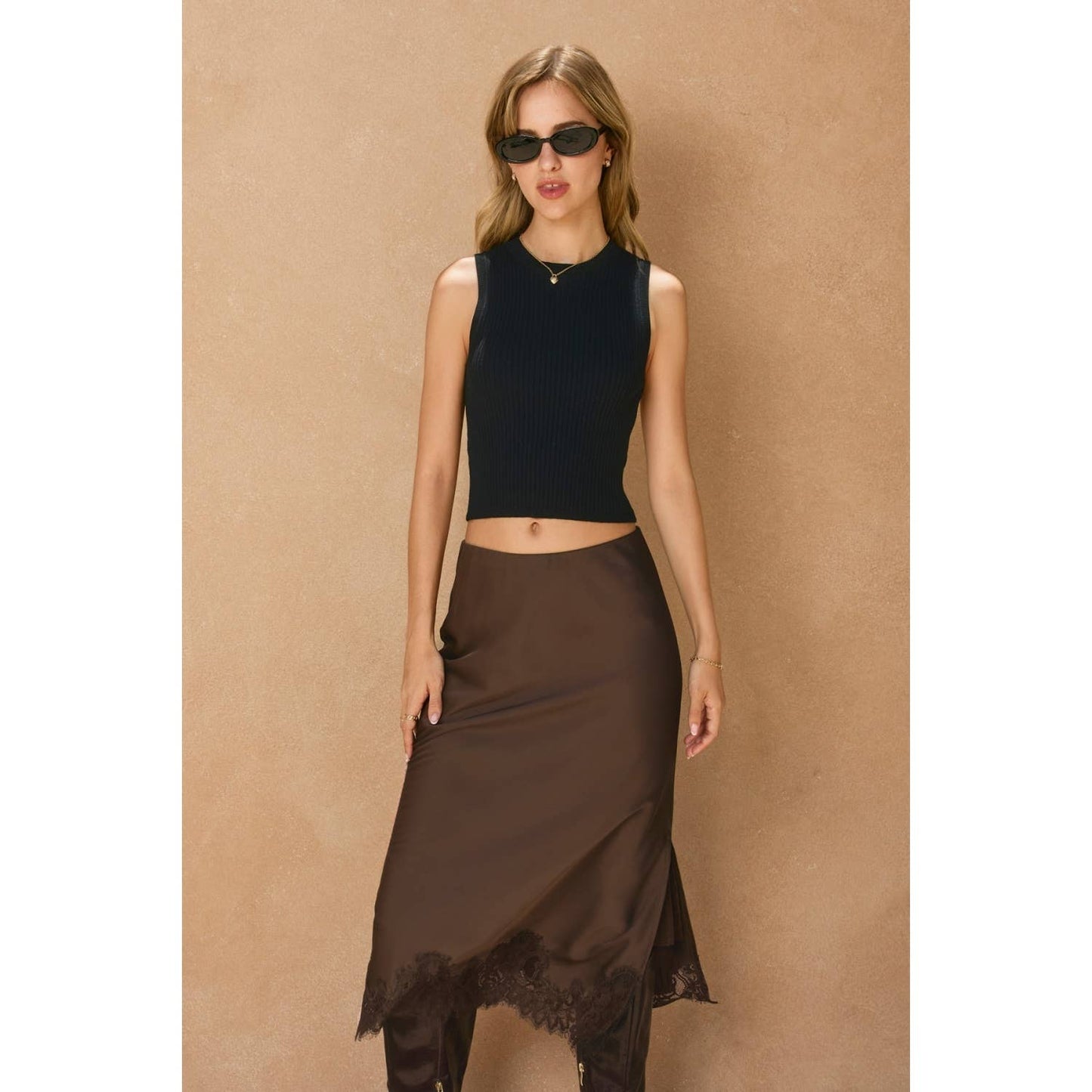Powder Blue Lined Satin Pencil Skirt with Lace Hem