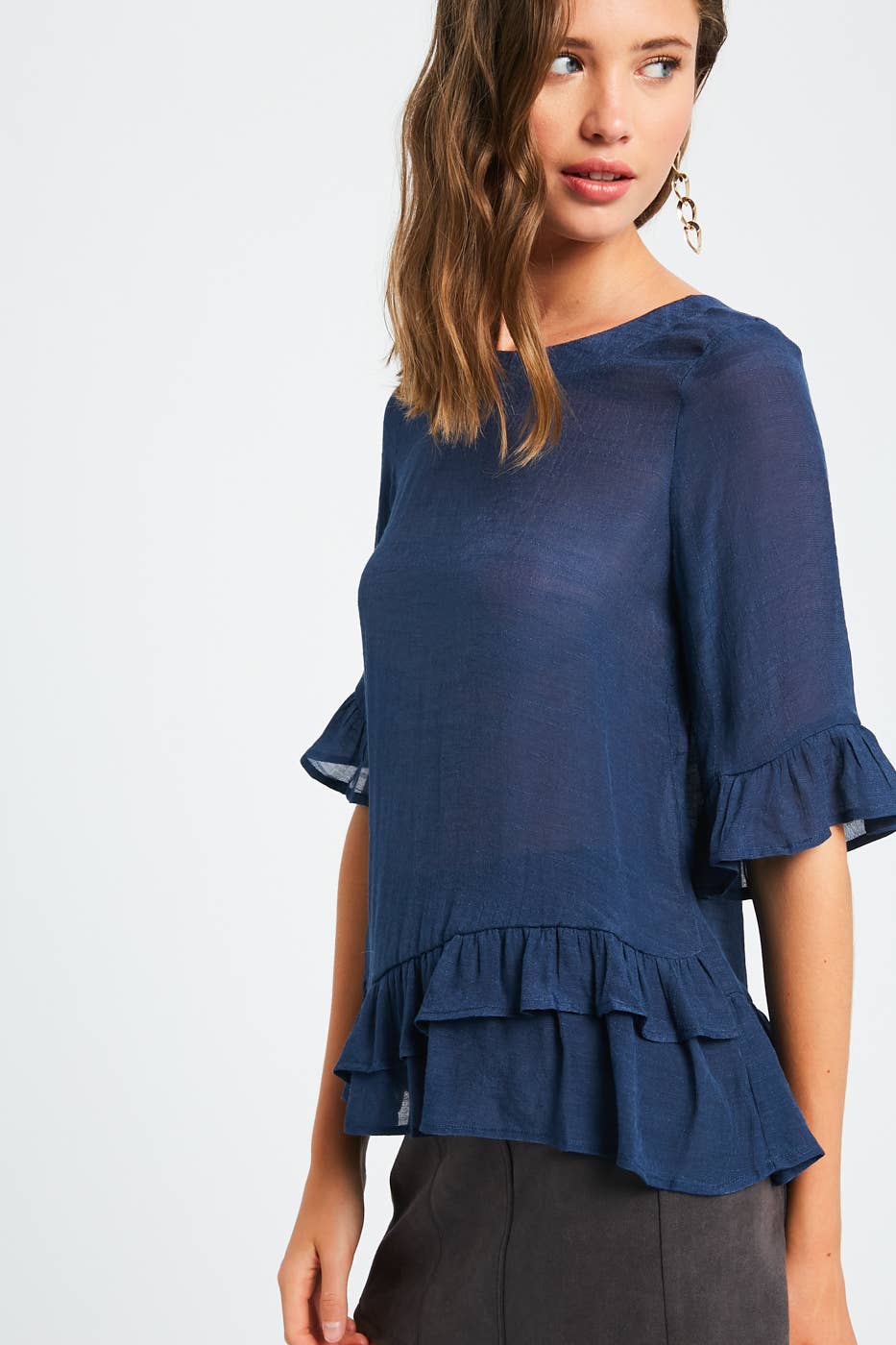 3/4 Sleeve Ruffle Hem Feminine Blouse