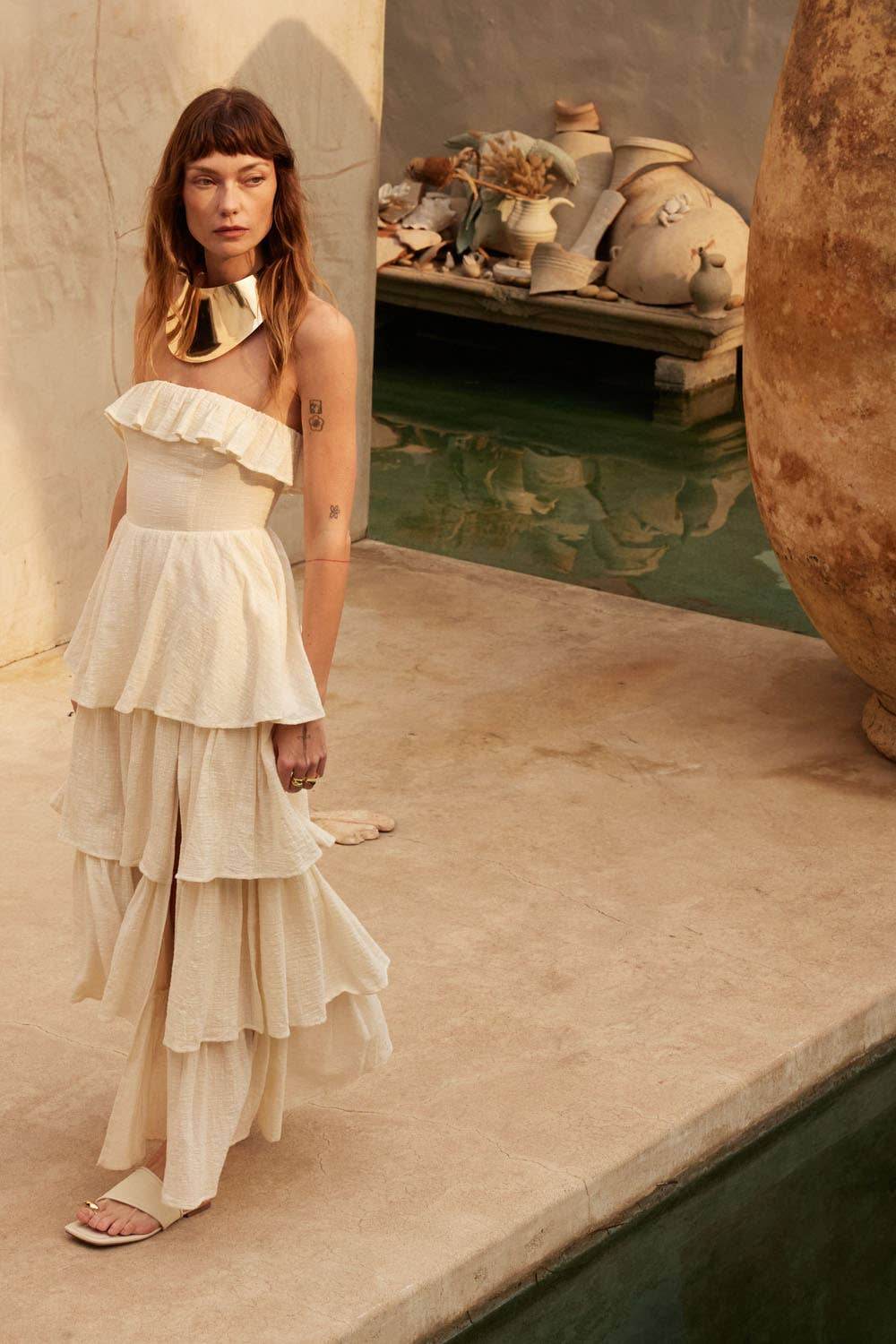 strapless tiered maxi dress Textured Cotton Strapless Tiered Ruffle Maxi Dress Sand / M