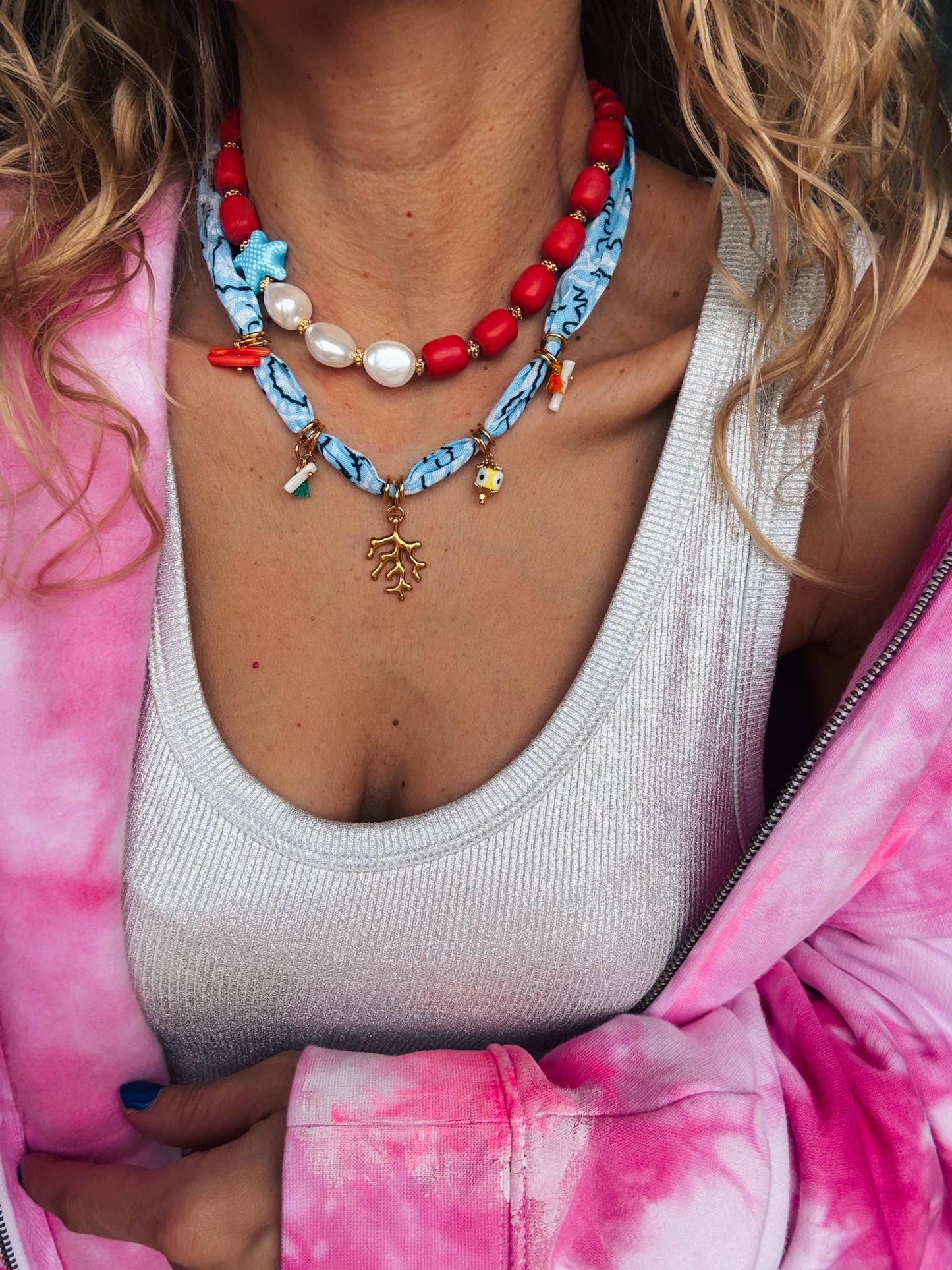 Bohemian Blue Bandana Charm Necklace with layered with a Colorful Beaded Necklace