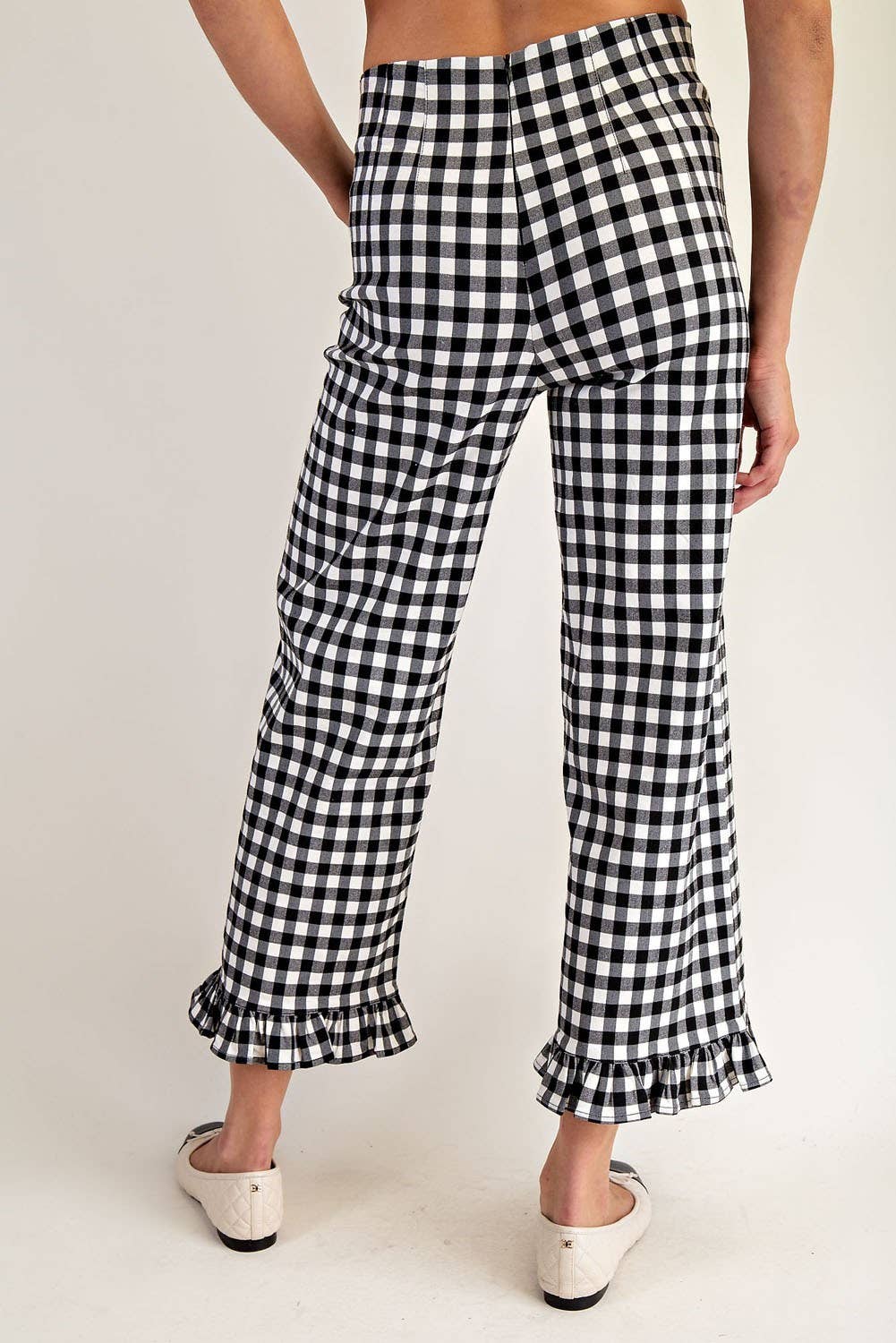 Ruffle Trim Straight Leg Gingham Print Pants