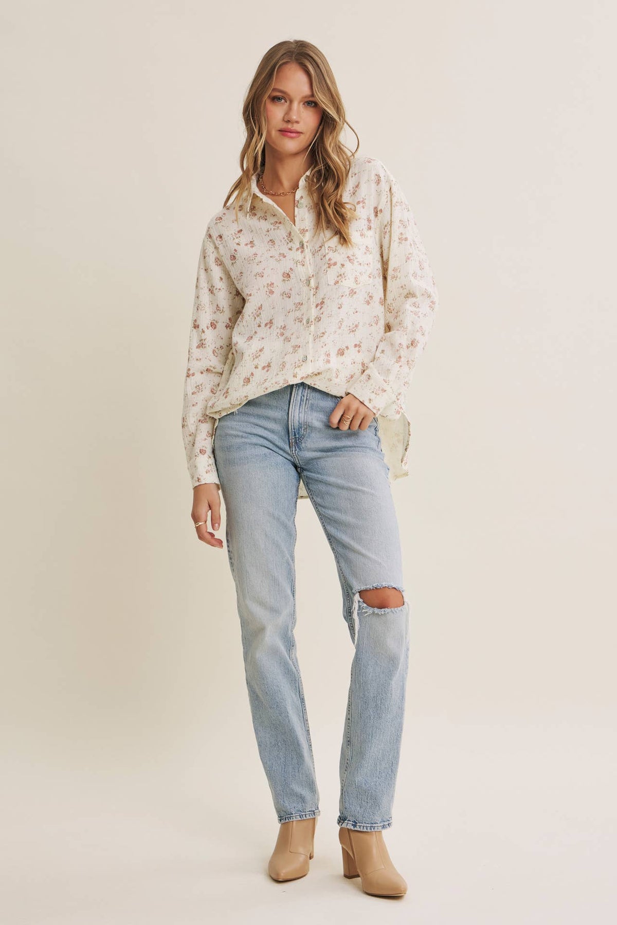 Soft Floral Cotton Relaxed Fit Button Down Shirt