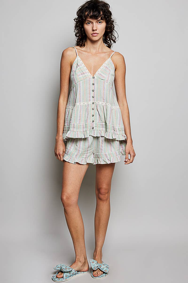 Floral Cotton Pintuck Ruffle Button Down Cami Top