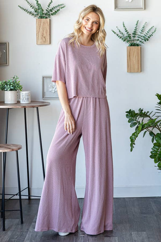Lavender Cozy Set with High Waist Wide Leg Pants and Cropped Tee