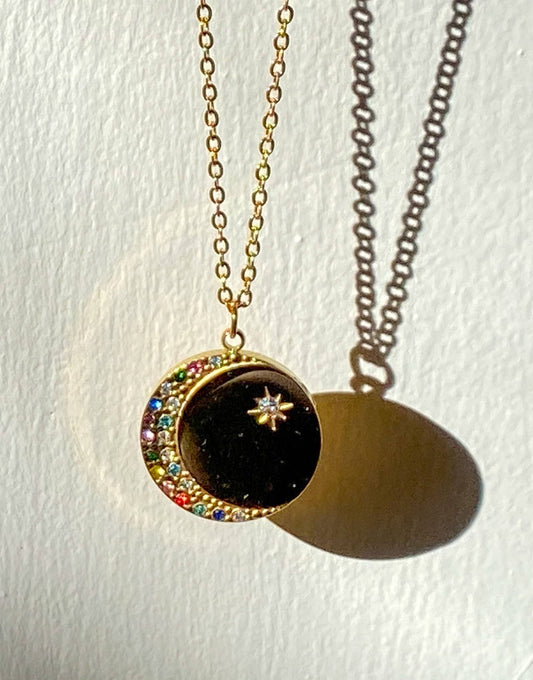 Crescent Moon 14K Gold stainless steel Coin Necklace