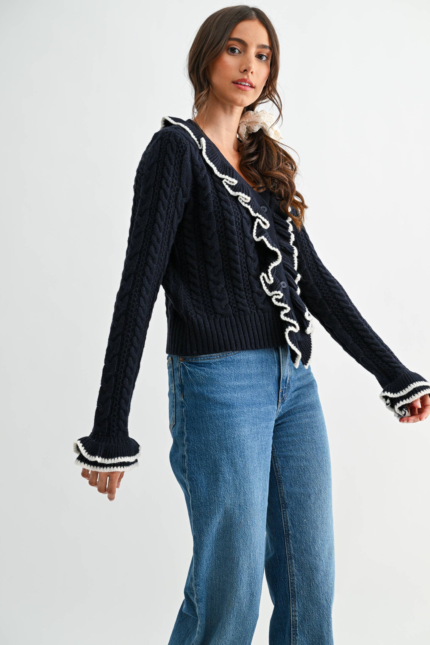 Cool Blue Ruffled Cable Knit Cardigan