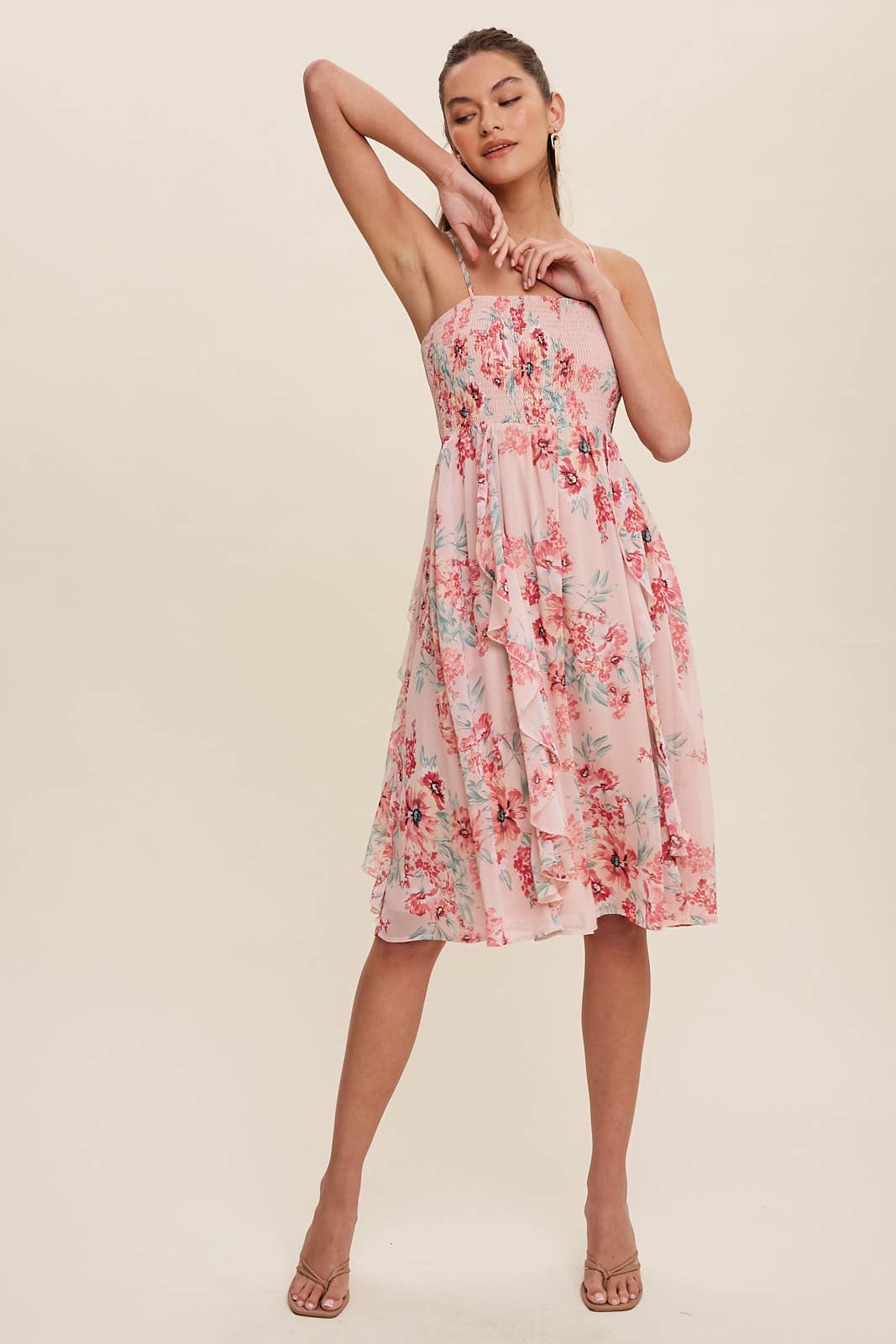 Pretty Pink Floral Chiffon Midi Dress