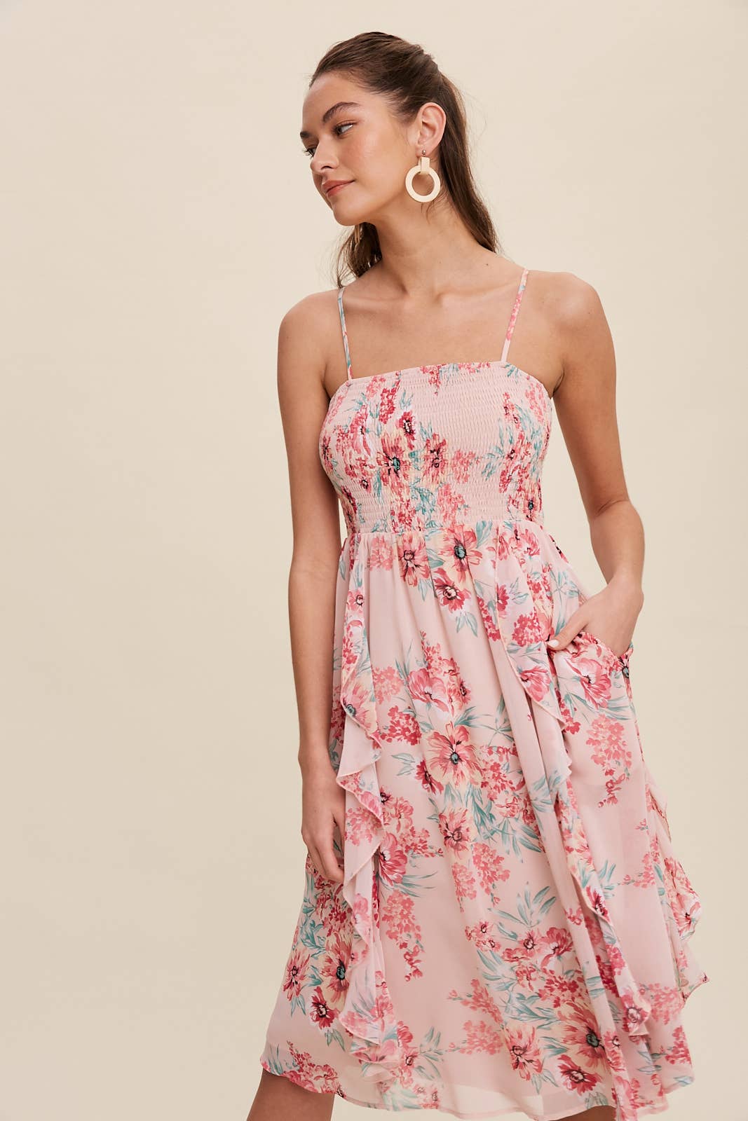 Pretty Pink Floral Chiffon Midi Dress