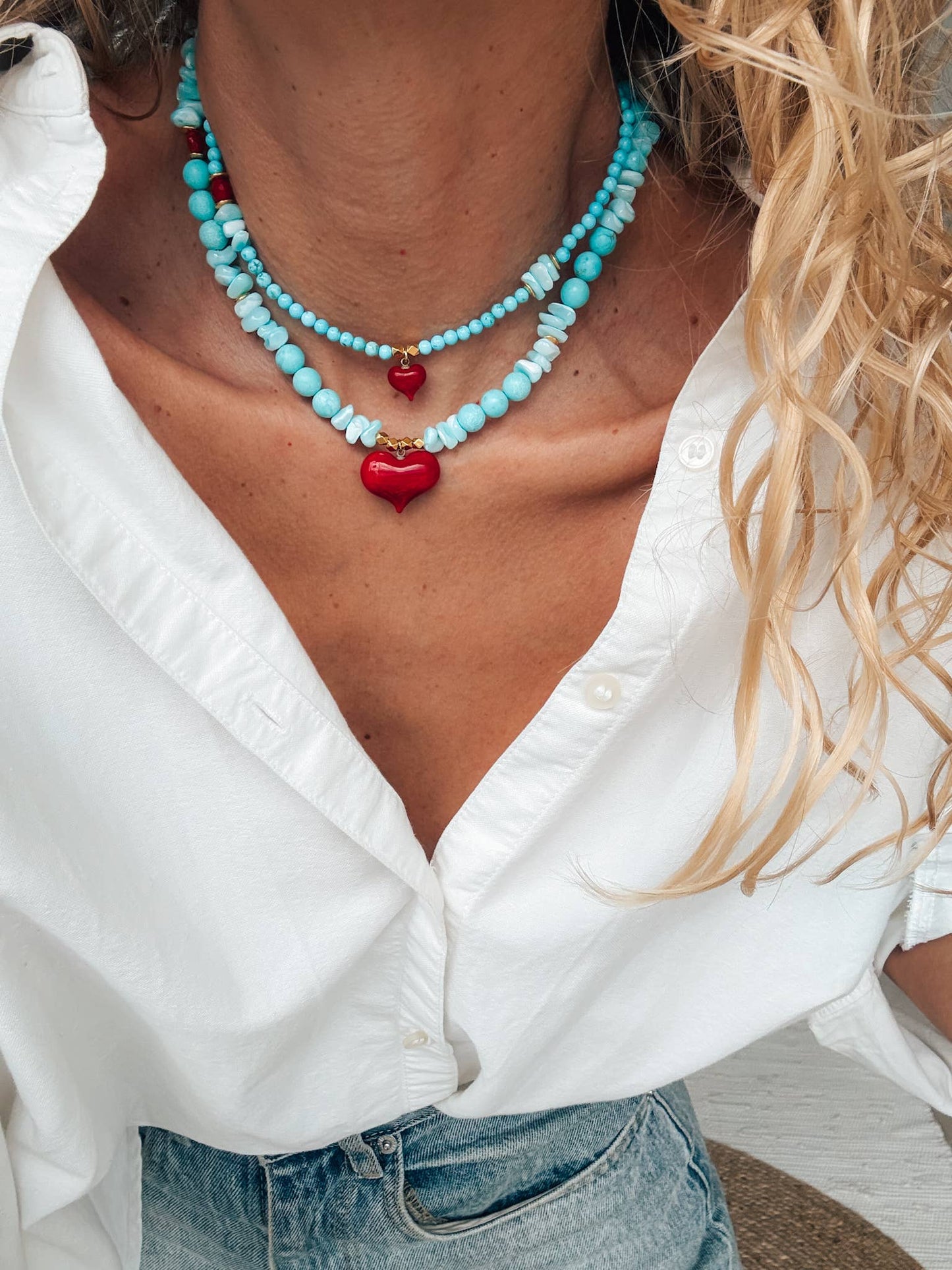 Handmade Semiprecious Howlite & Turquoise Necklace with Red Heart