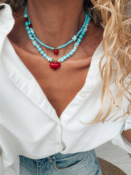 Handmade Semiprecious Howlite & Turquoise Necklace with Red Heart