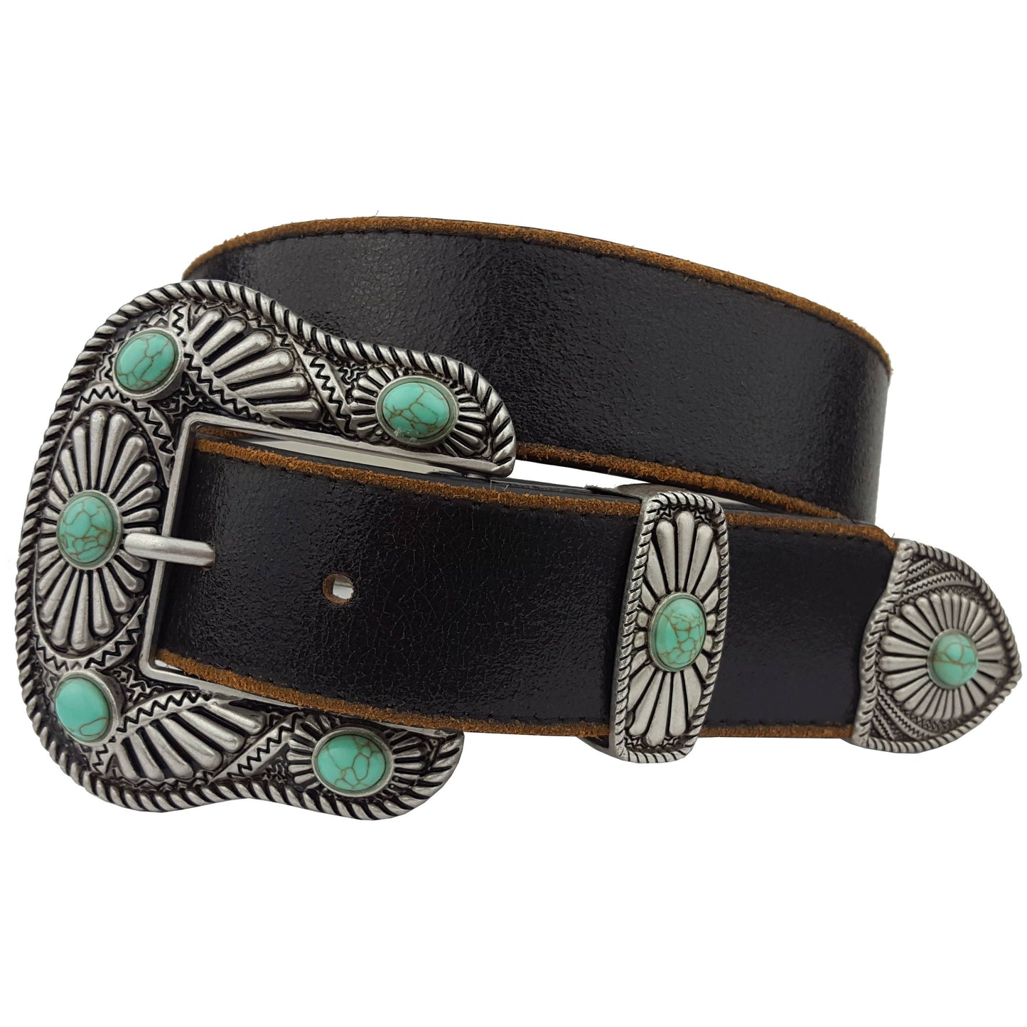 Vintage White Leather Belt with Western Turquoise Buckle Set