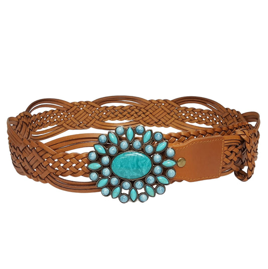 Hand Braided Leather Belt with Turquoise Buckle brass