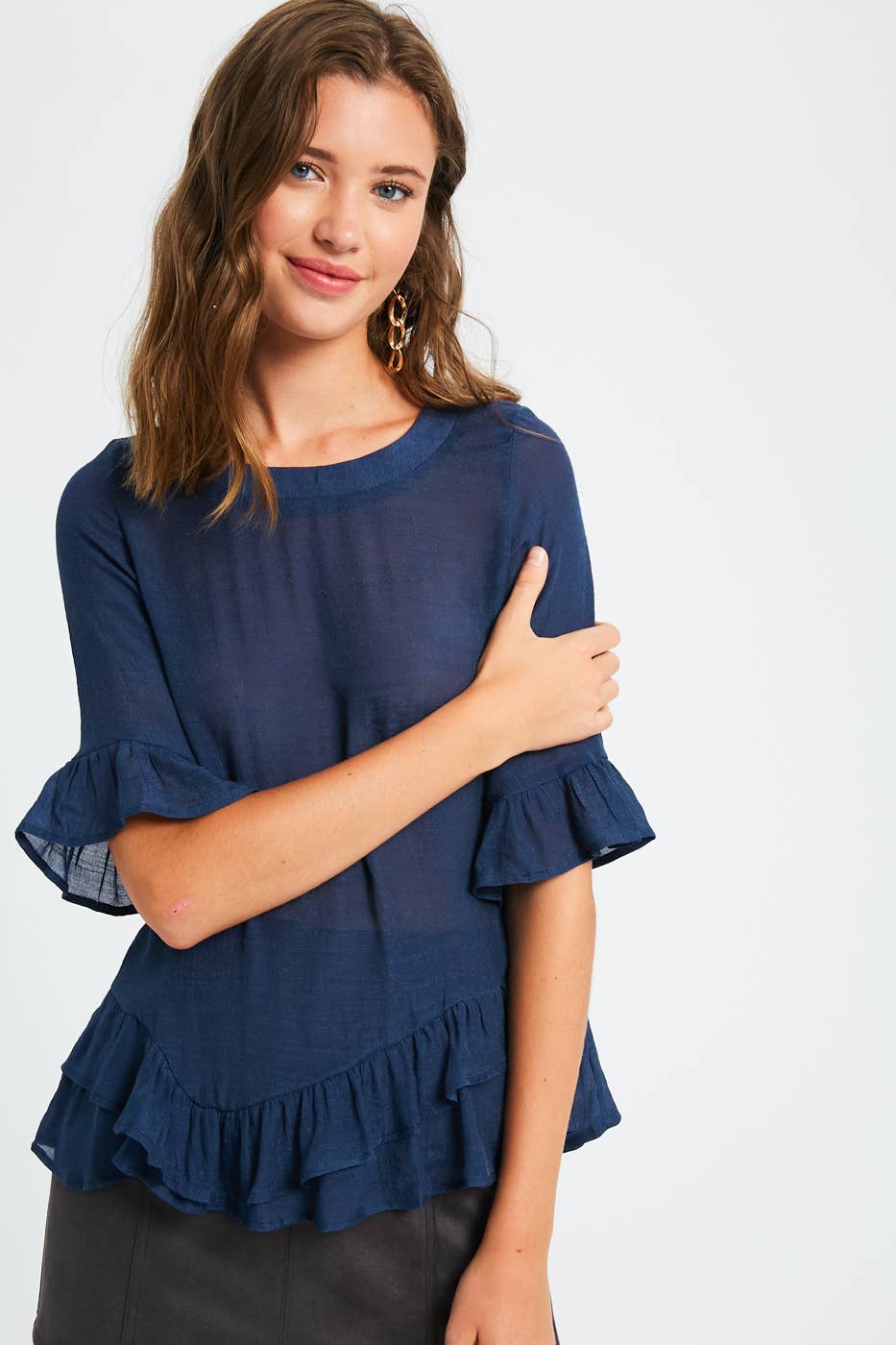 3/4 Sleeve Ruffle Hem Feminine Blouse