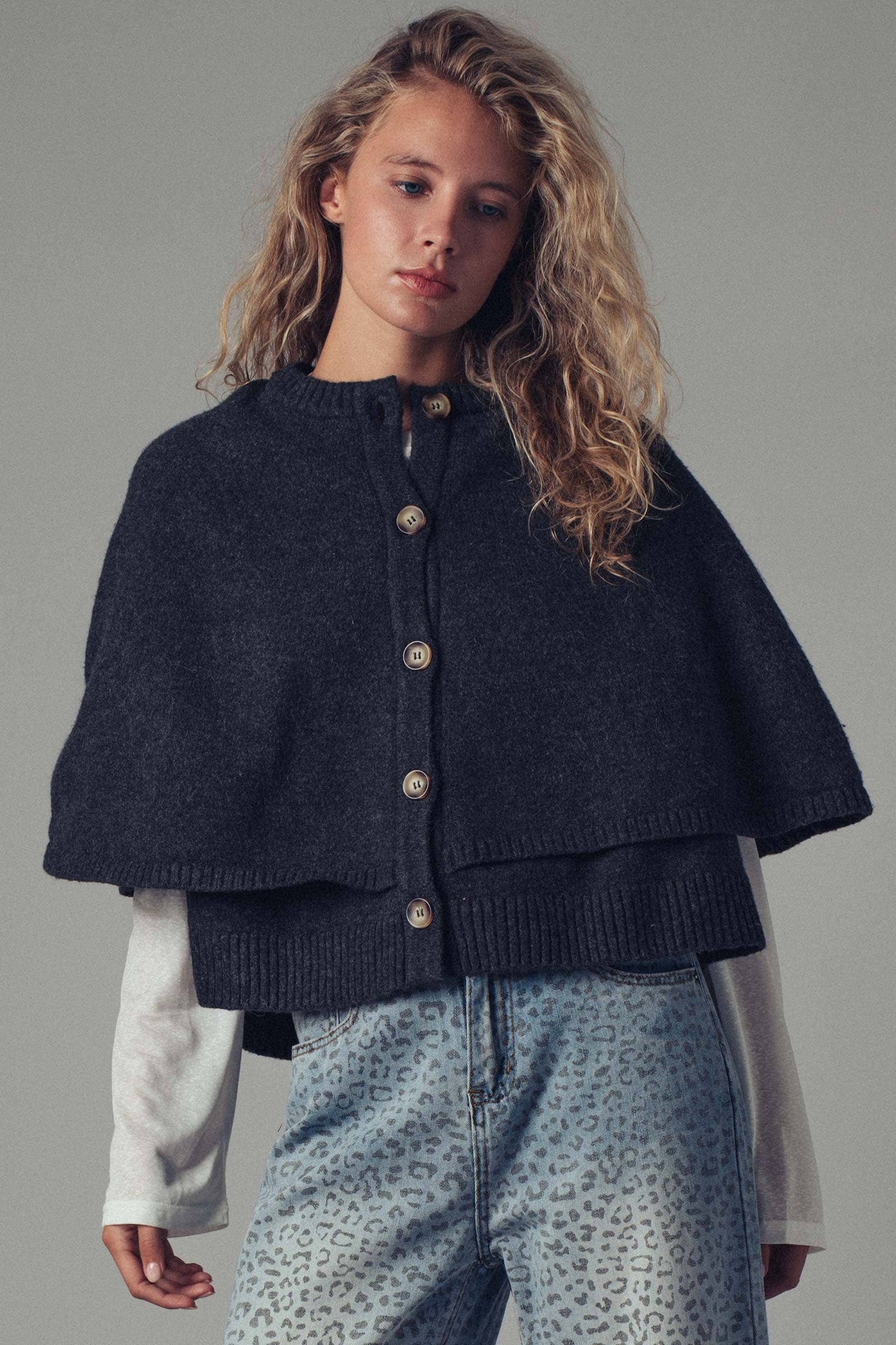 Wool Blend Button-Front Sweater Cape