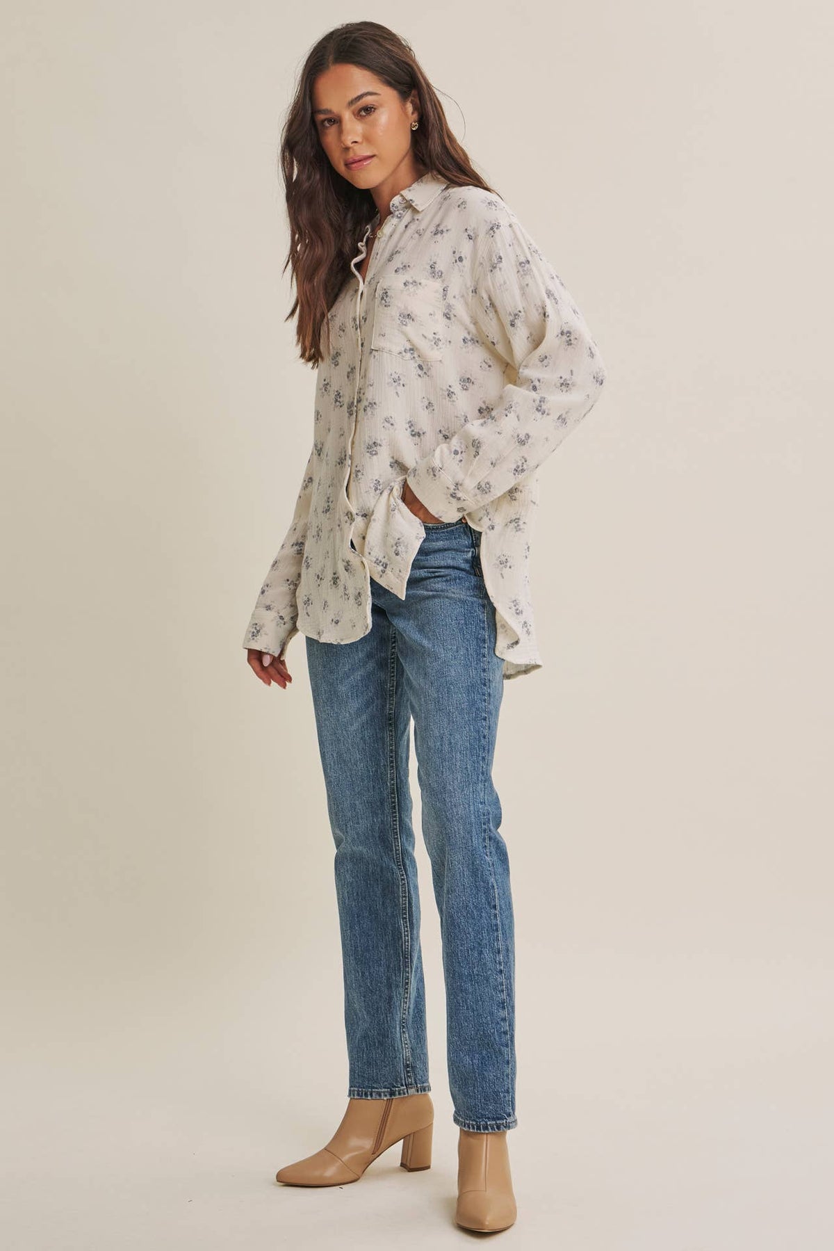 Soft Floral Cotton Relaxed Fit Button Down Shirt