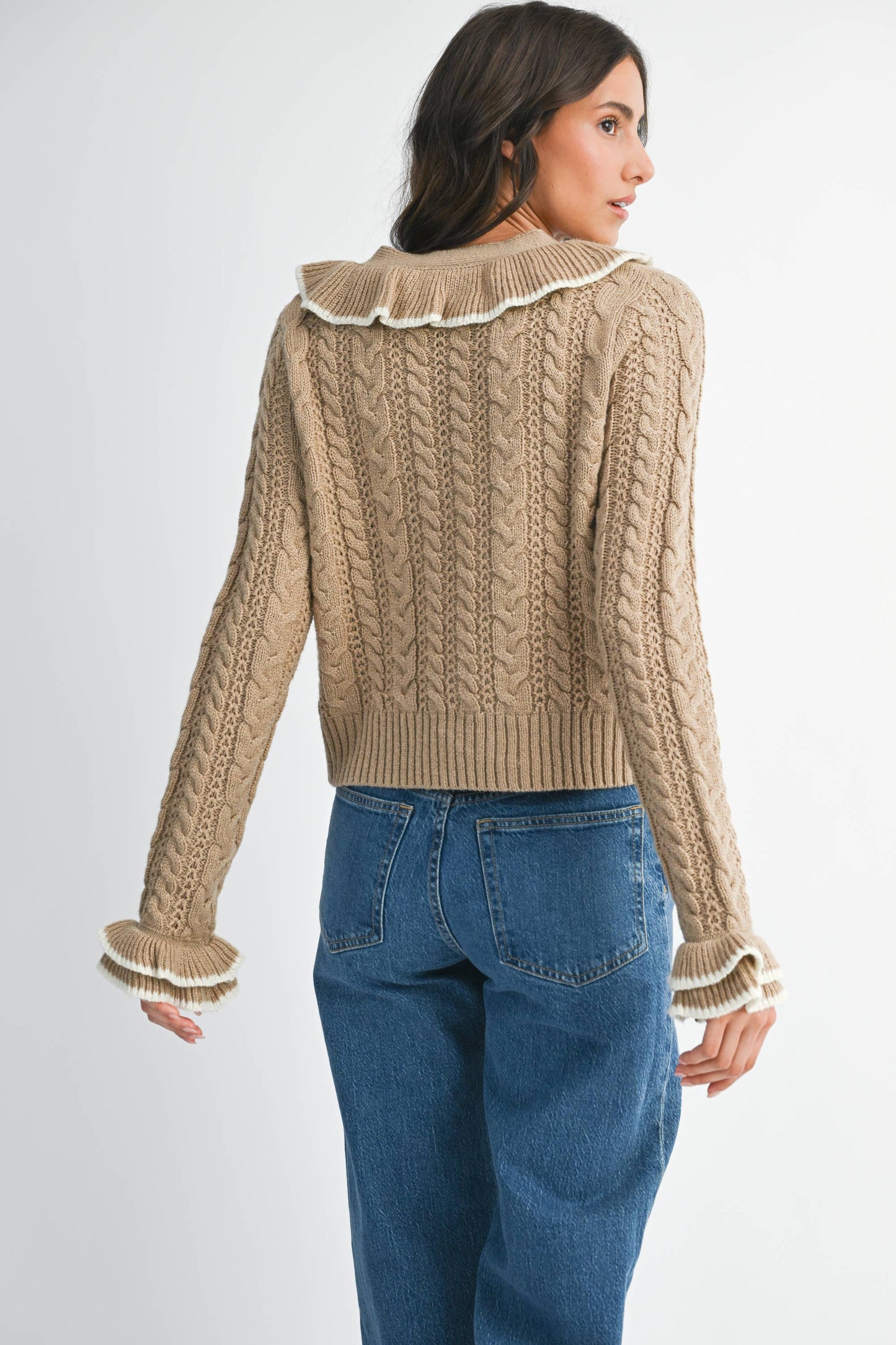 Cool Blue Ruffled Cable Knit Cardigan