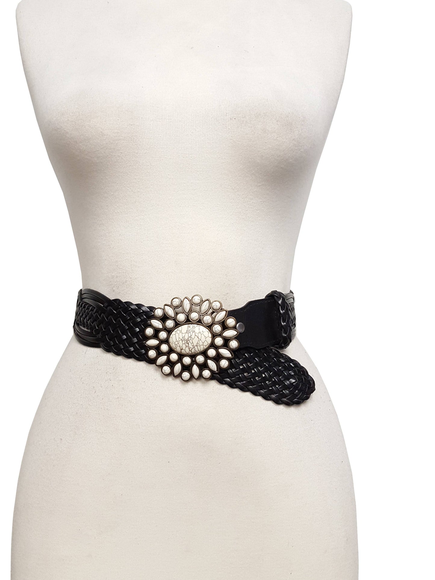 High Waist Belt with Hand Braided Leather and White ‘Bone Stone’ Style Brass Buckle