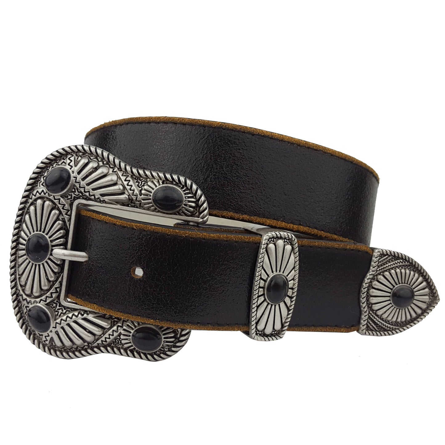 Vintage White Leather Belt with Western Turquoise Buckle Set