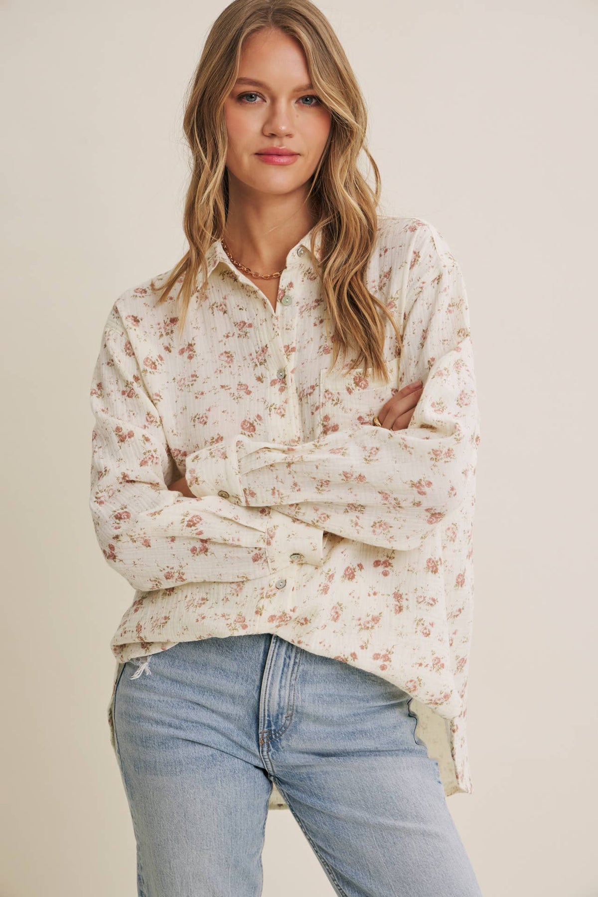 Soft Floral Cotton Relaxed Fit Button Down Shirt