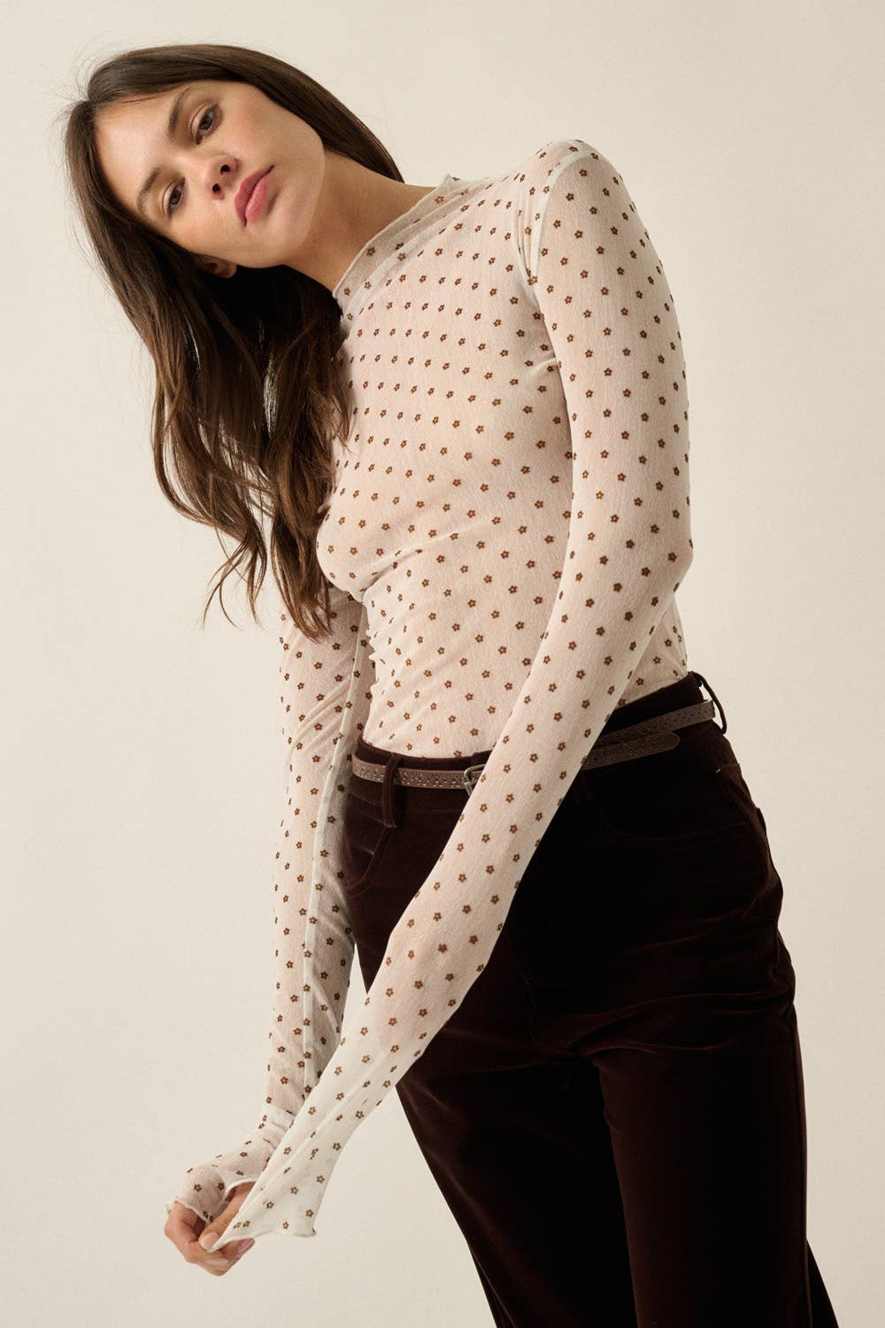 Sheer Mesh Top with Floral Polkadots, Mock-Neck, & Long-Sleeve