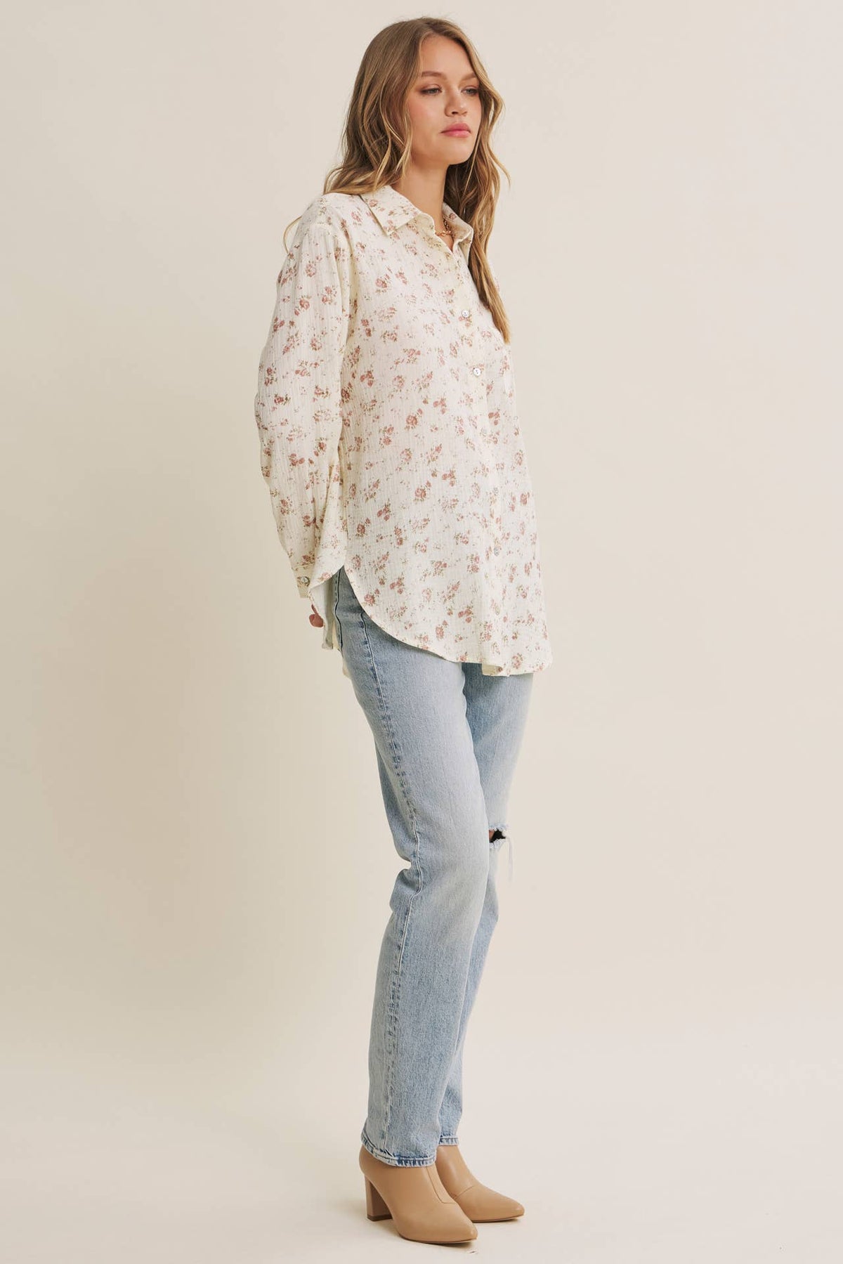 Soft Floral Cotton Relaxed Fit Button Down Shirt