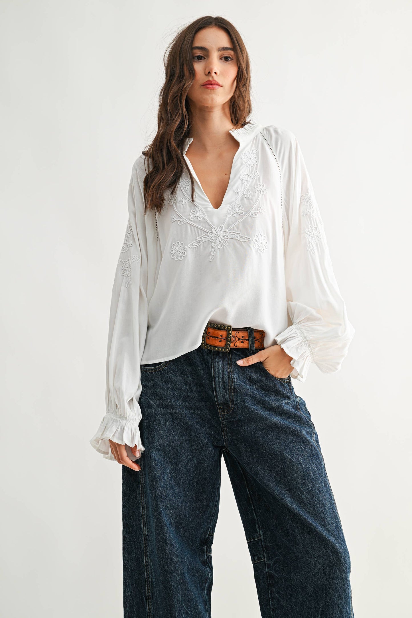 Boho-Chic Embroidered White Long Sleeved Blouse