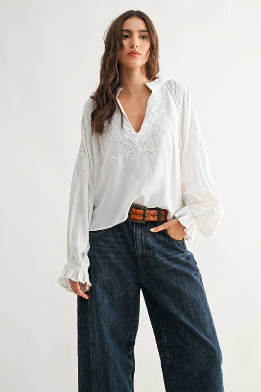 Boho-Chic Embroidered White Long Sleeved Blouse