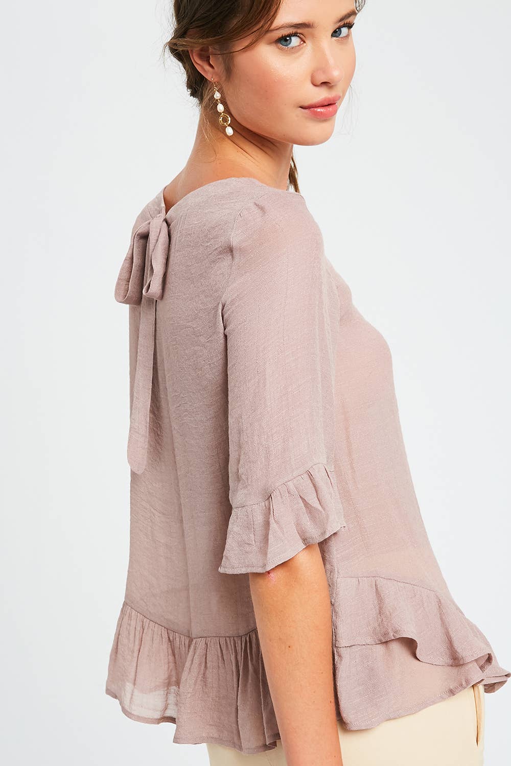 3/4 Sleeve Ruffle Hem Feminine Blouse