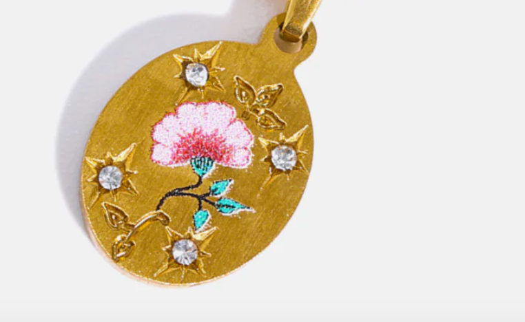 Poppy Painted Enamel Talisman Necklace - Engraved - Steel 14K