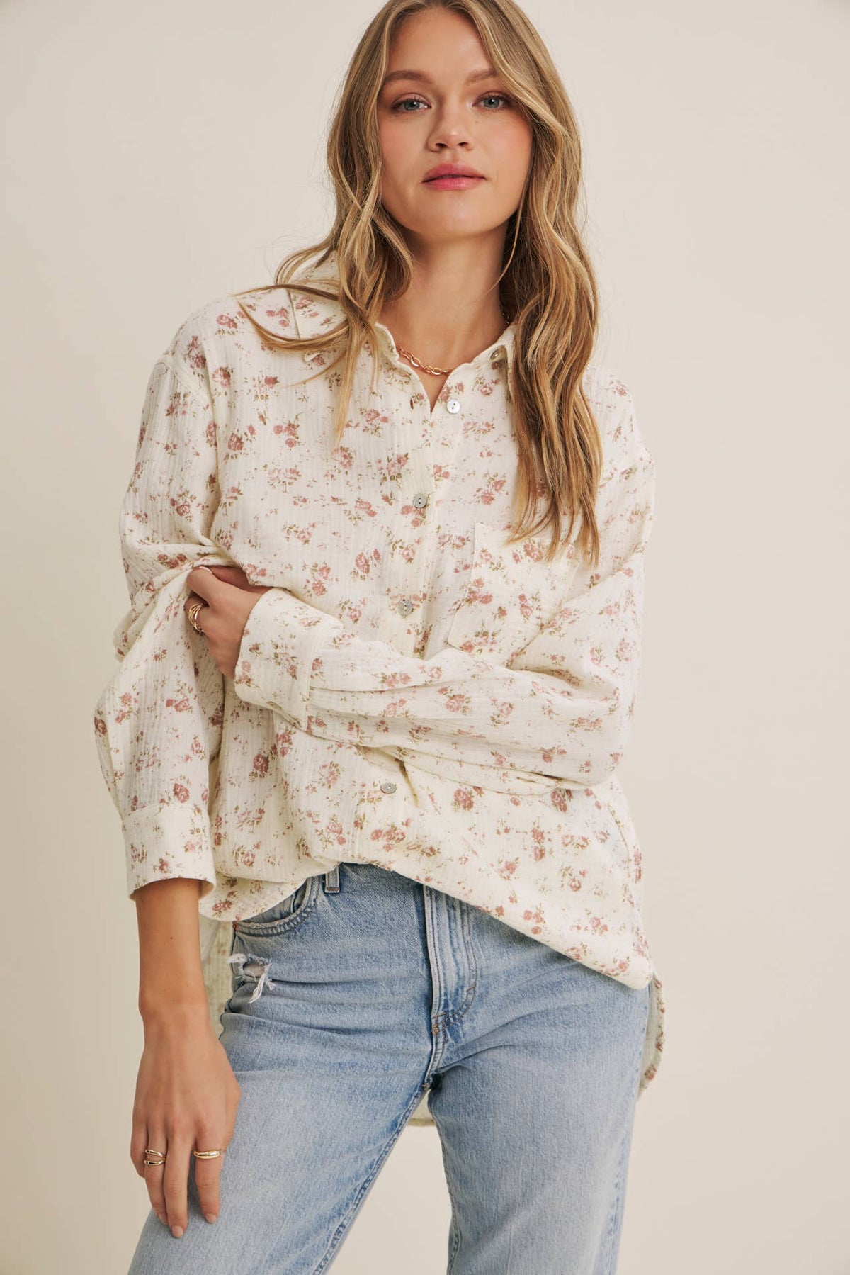 Soft Floral Cotton Relaxed Fit Button Down Shirt