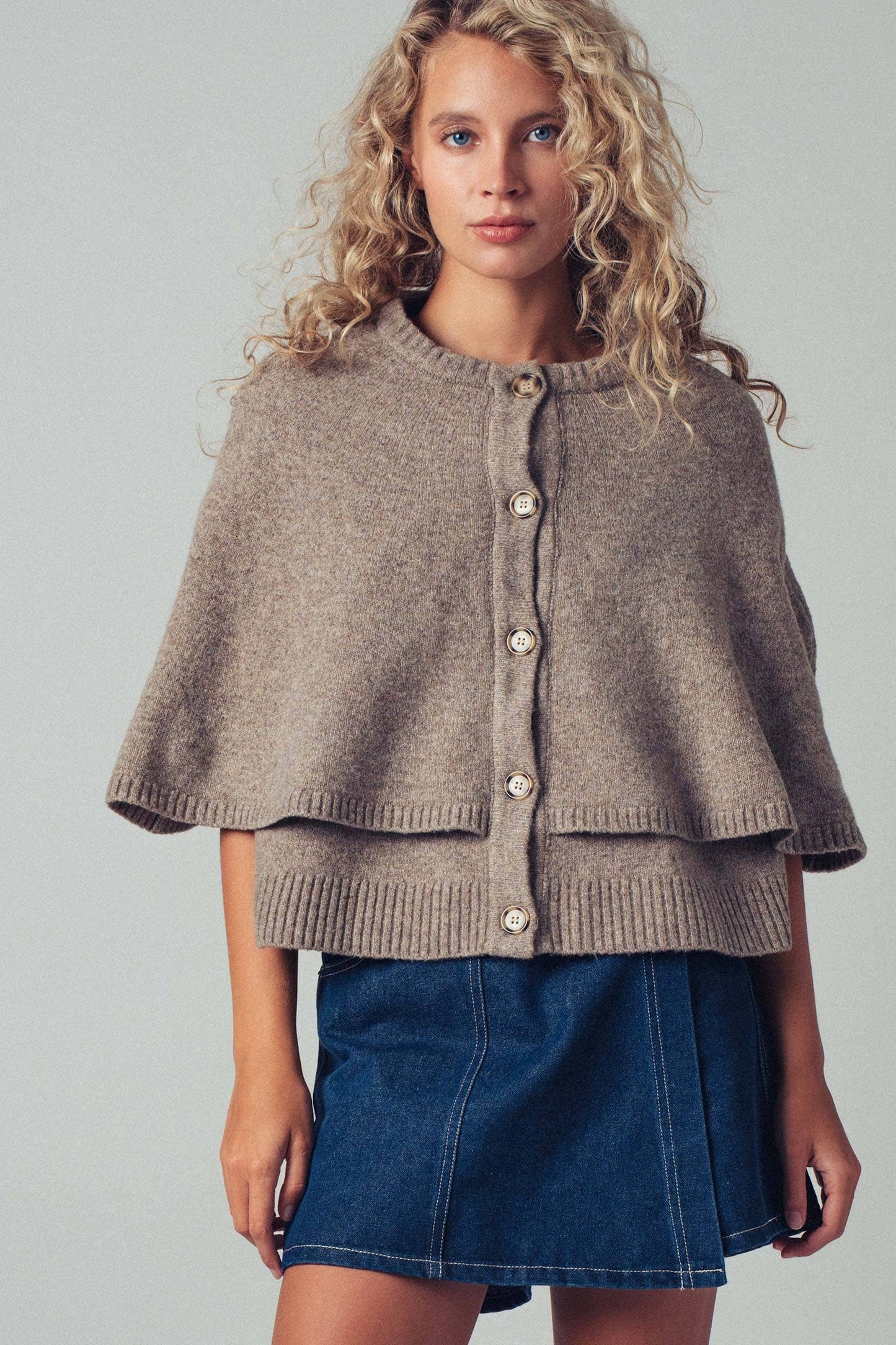 Wool Blend Button-Front Sweater Cape
