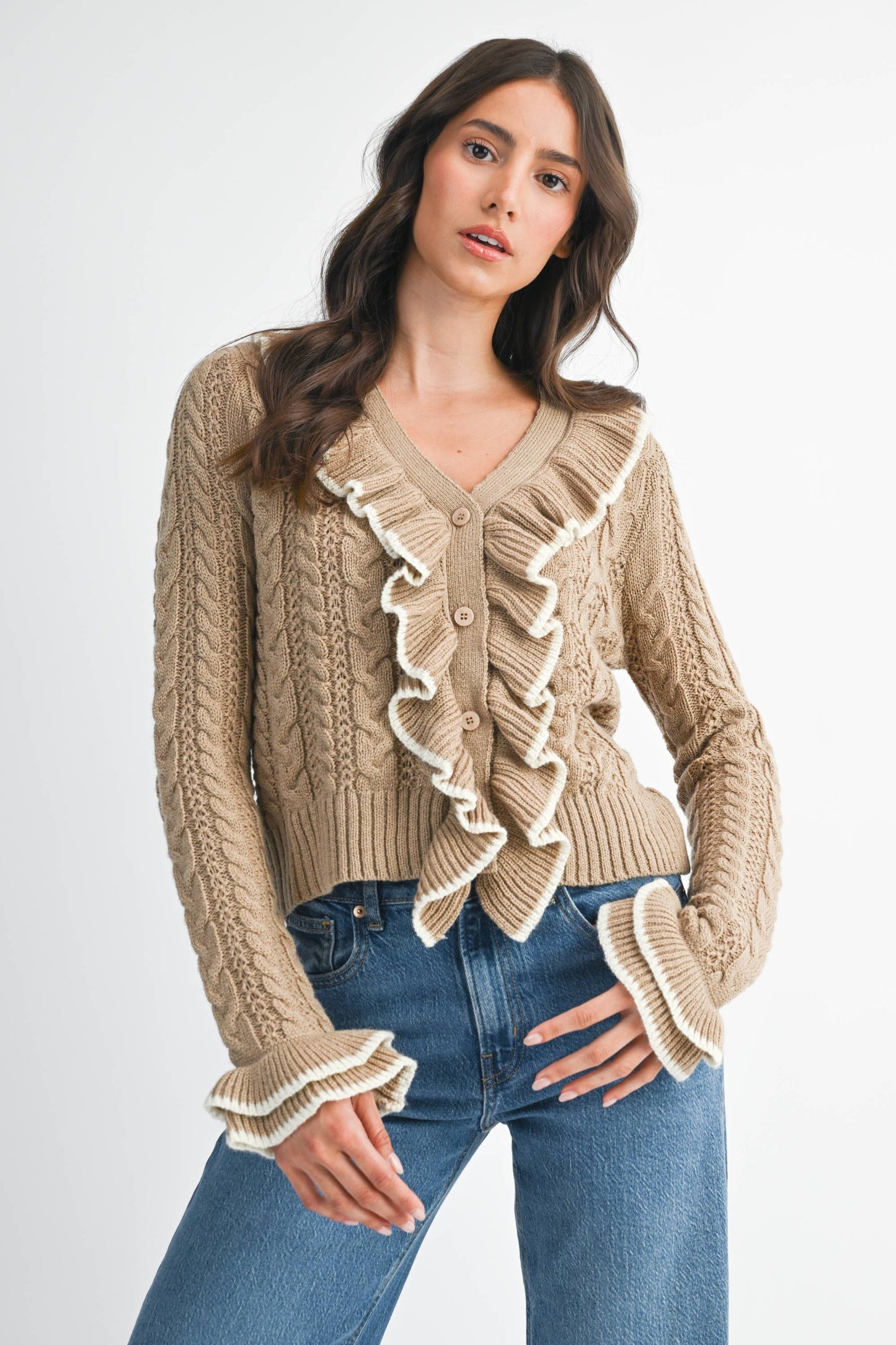 Cool Blue Ruffled Cable Knit Cardigan