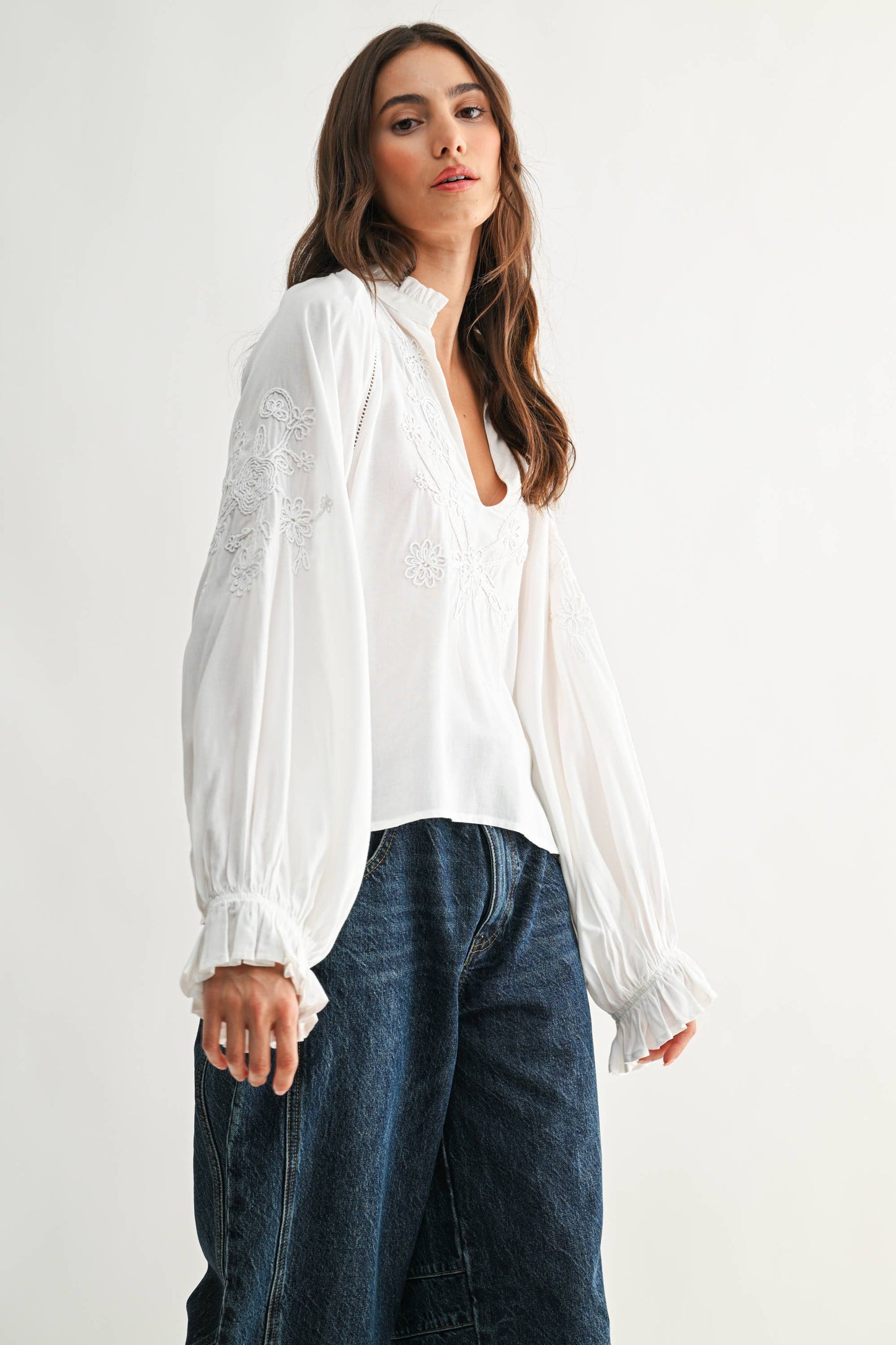 Boho-Chic Embroidered White Long Sleeved Blouse
