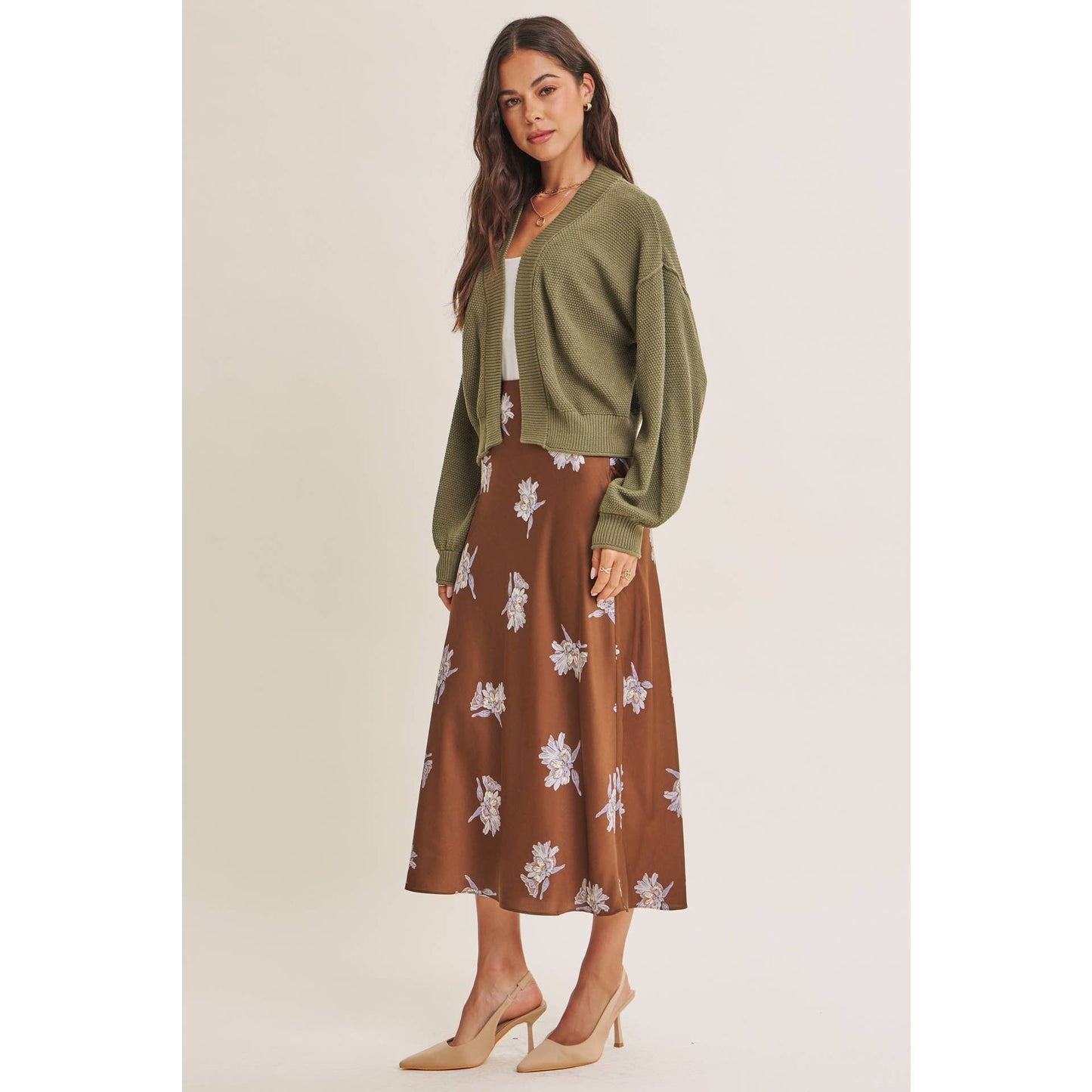 Date Night Satin Floral Midi Skirt