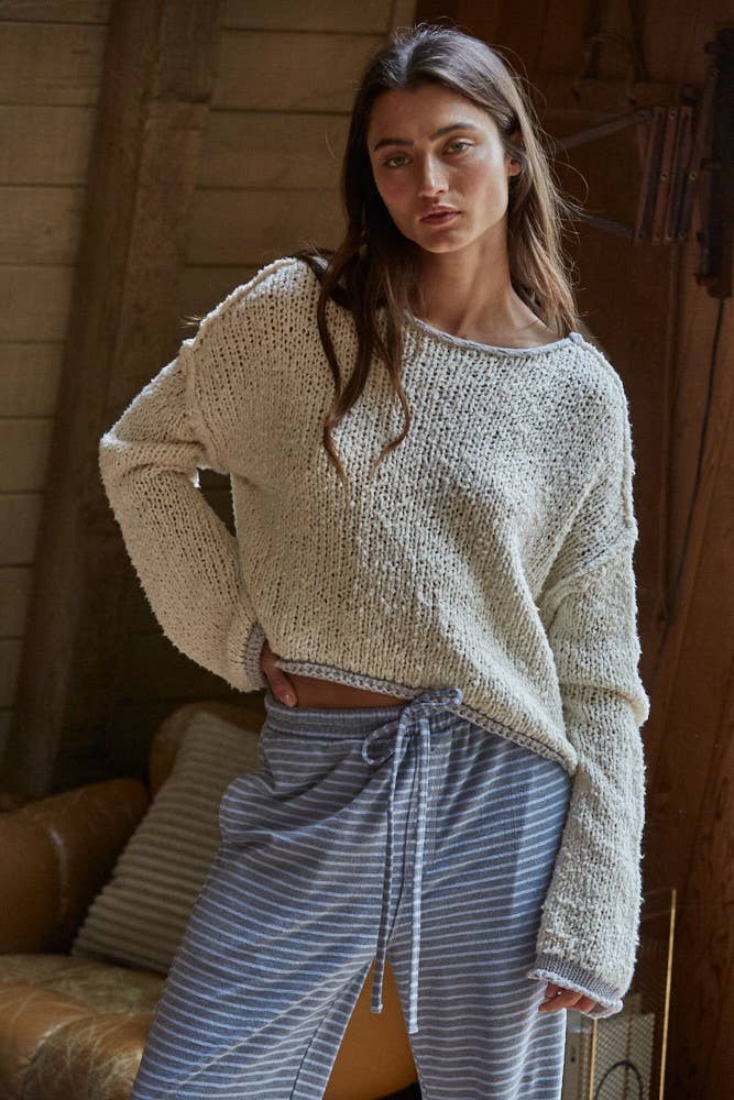 Bohemian Knit Capsule Sweater With Contrast Hems & Wide Sleeves
