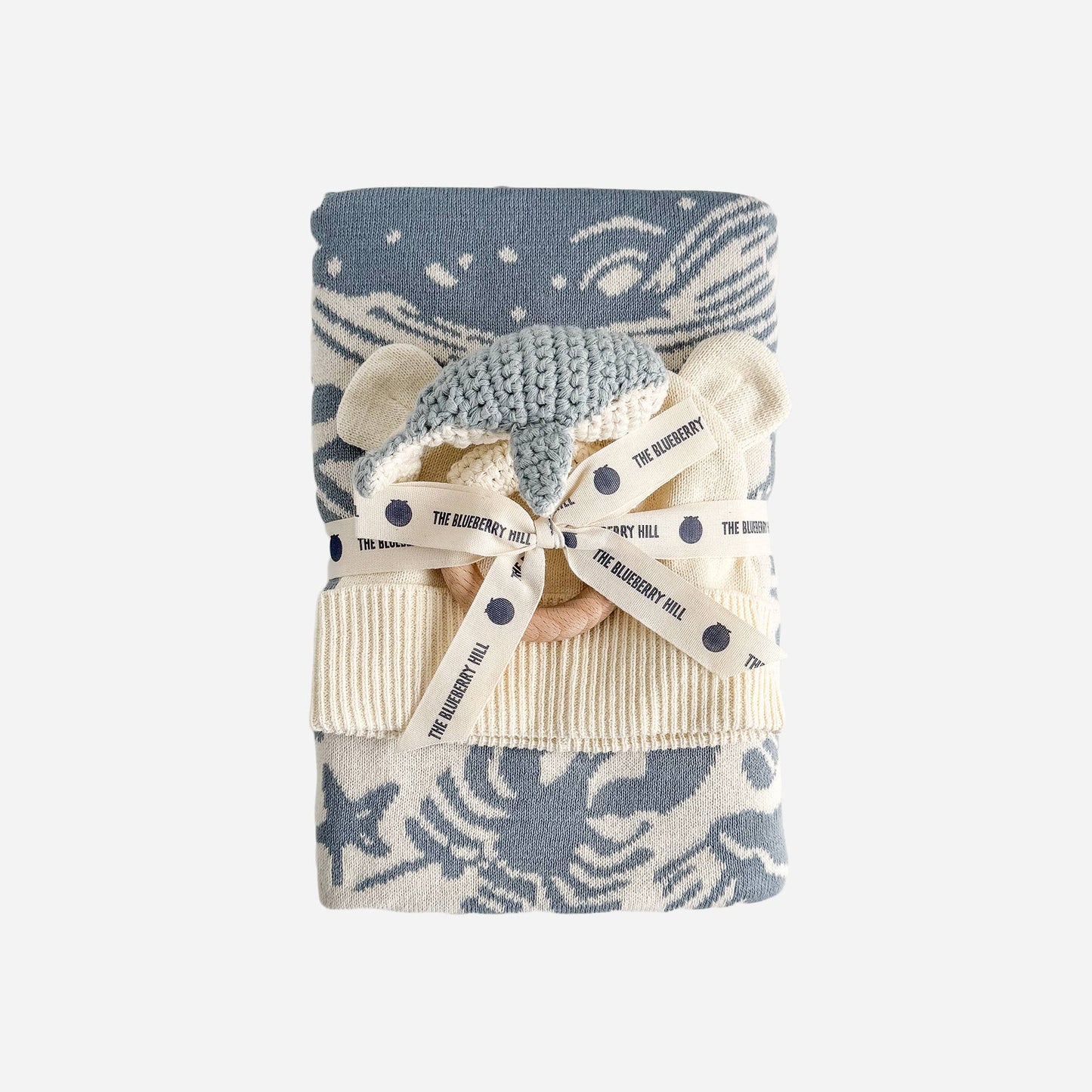 Baby Gift Set with Nautical Blanket, Whale Teether, Organic Cotton Hat