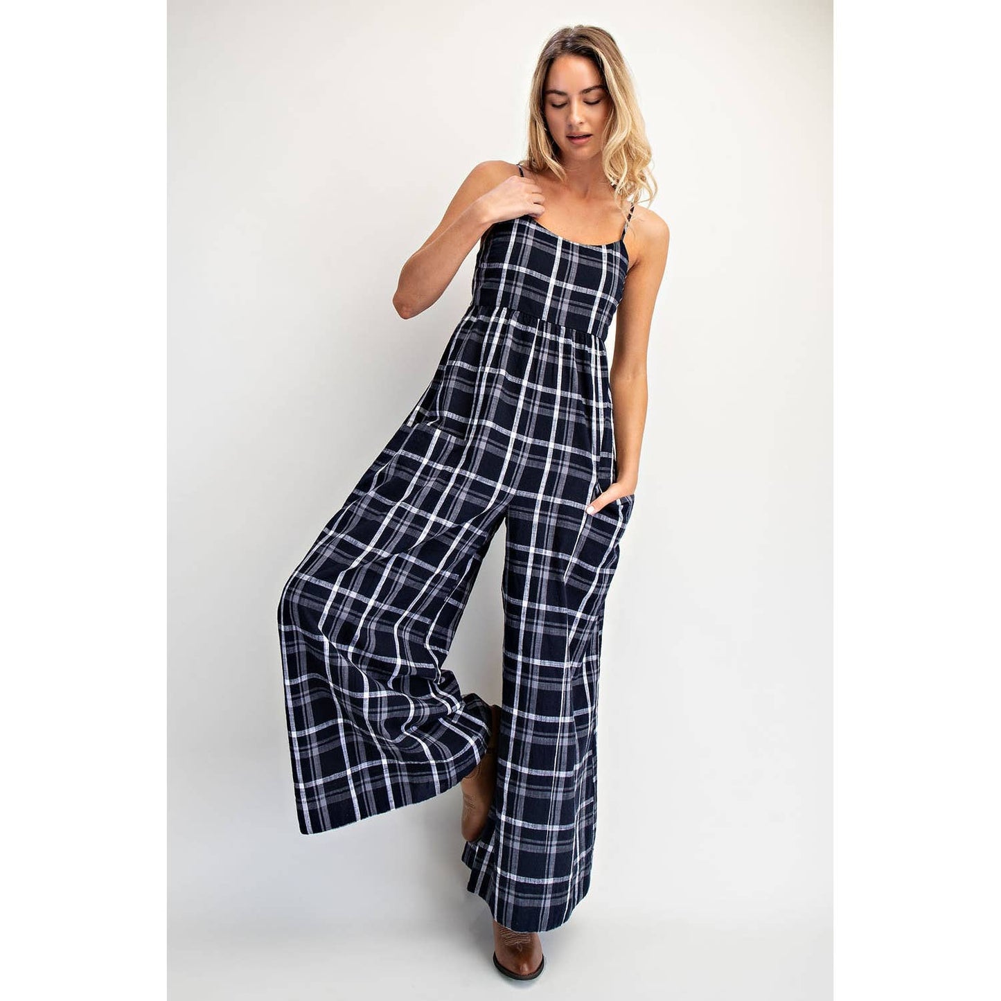 Gingham Checkered Wide-leg Onesie - Boho Jumpsuit