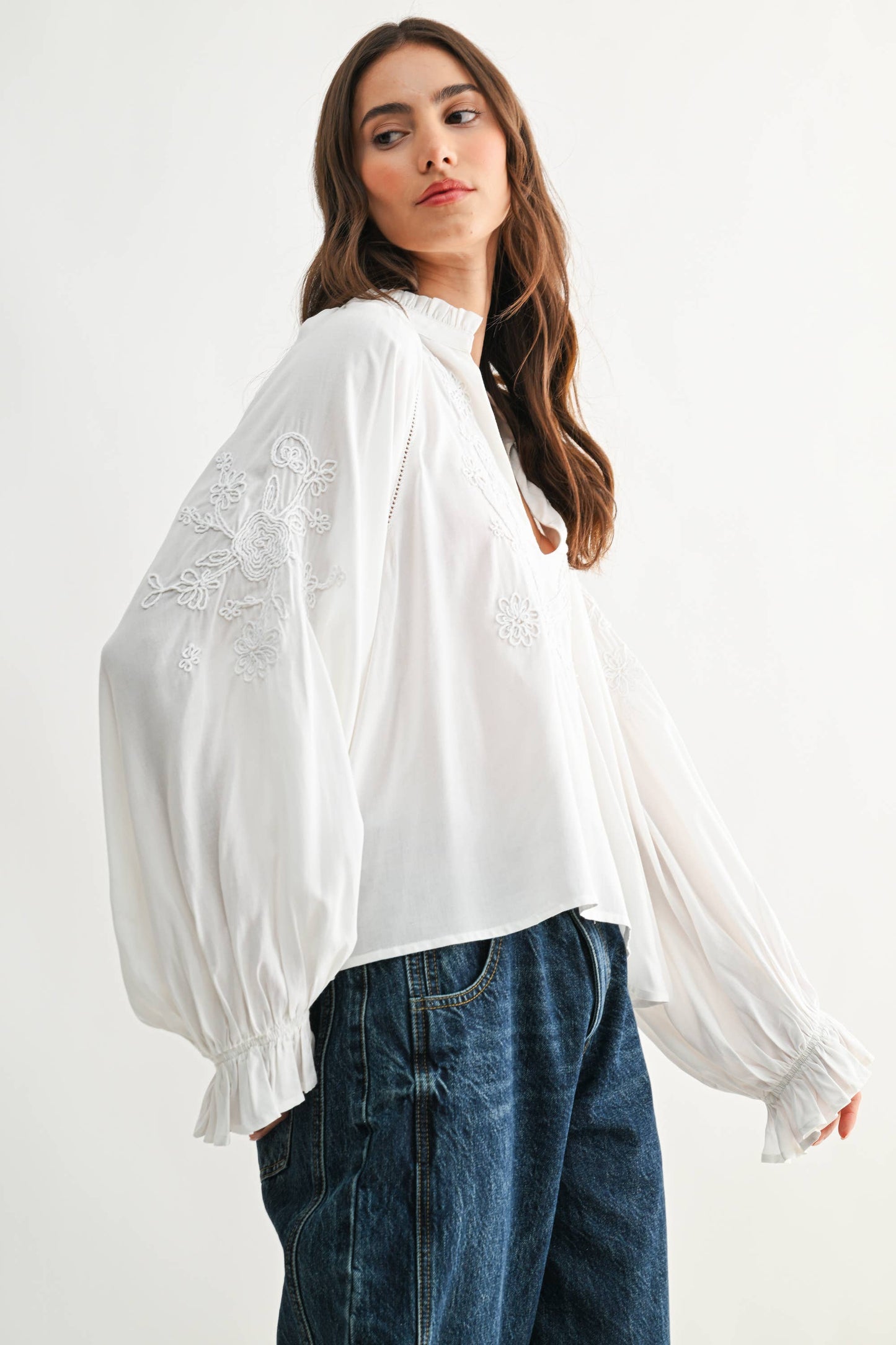 Boho-Chic Embroidered White Long Sleeved Blouse