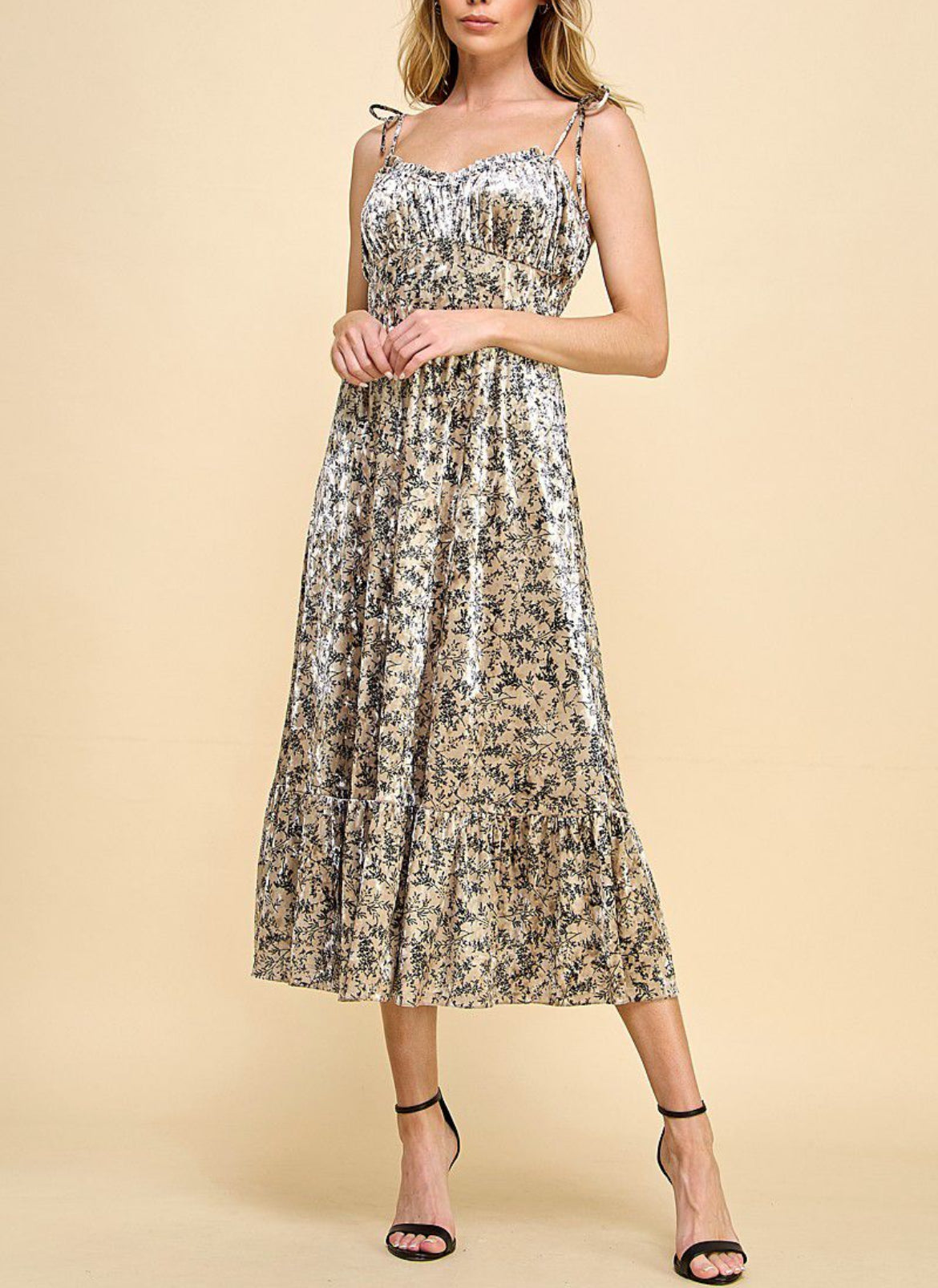 Velvet Floral Midi Dress with Bow tie Straps