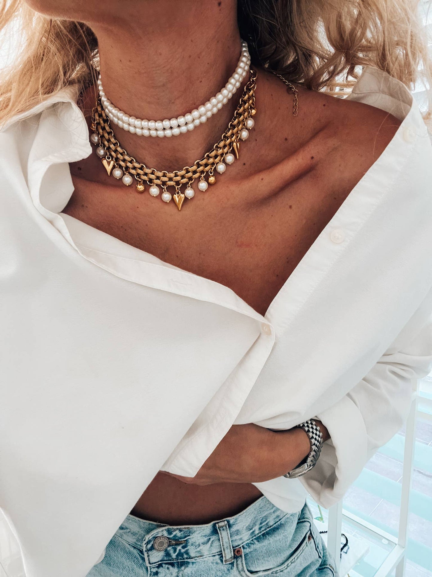 White Pearls Double Chocker and Gold Chain Vintage Inspired Necklace